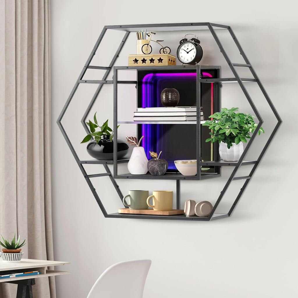 FUSLITE Infinity Mirror Gaming Floating Shelves with LED Lights, Hexagon Wall Mounted LED Shelf with RGB App Control, 36.6" Large Display Rack for Gaming Room Decor, Action Figures, Collectibles - Flex Gamingproduct_type