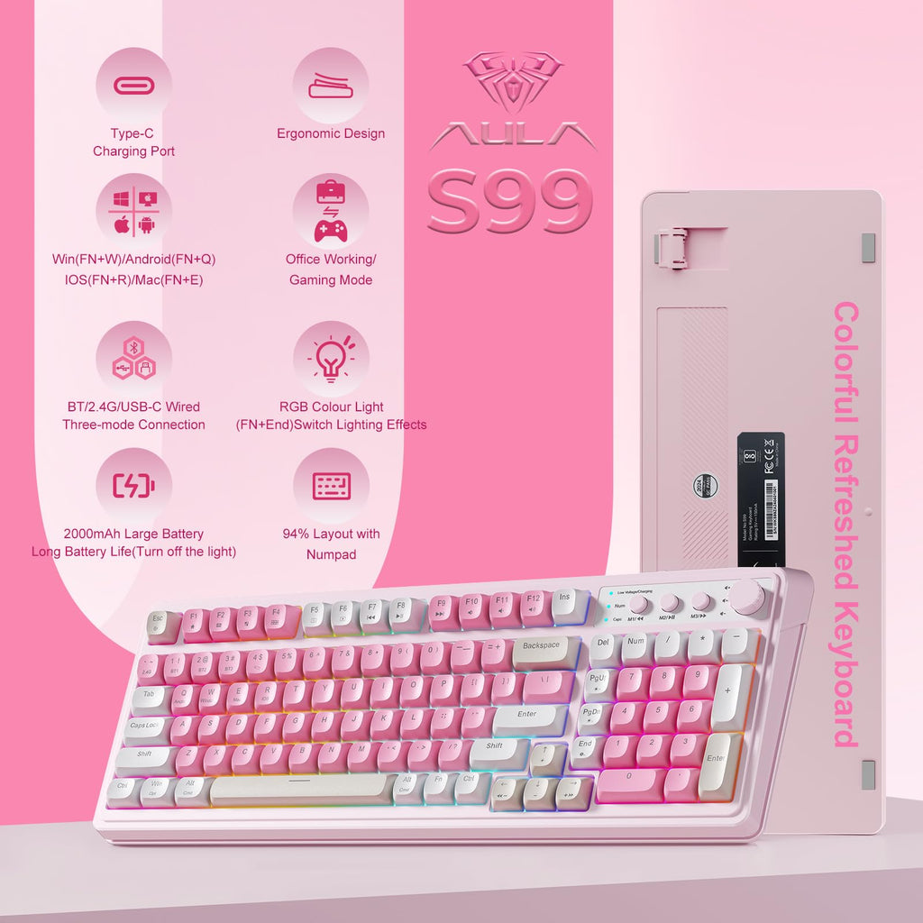 AULA 99 Key Keyboard, Wireless Gaming Keyboard Bluetooth Computer Keyboards Creamy Cute with Number Pad RGB Backlit Tri-Mode BT/2.4GHz/USB-C - Pink - Flex Gamingproduct_type