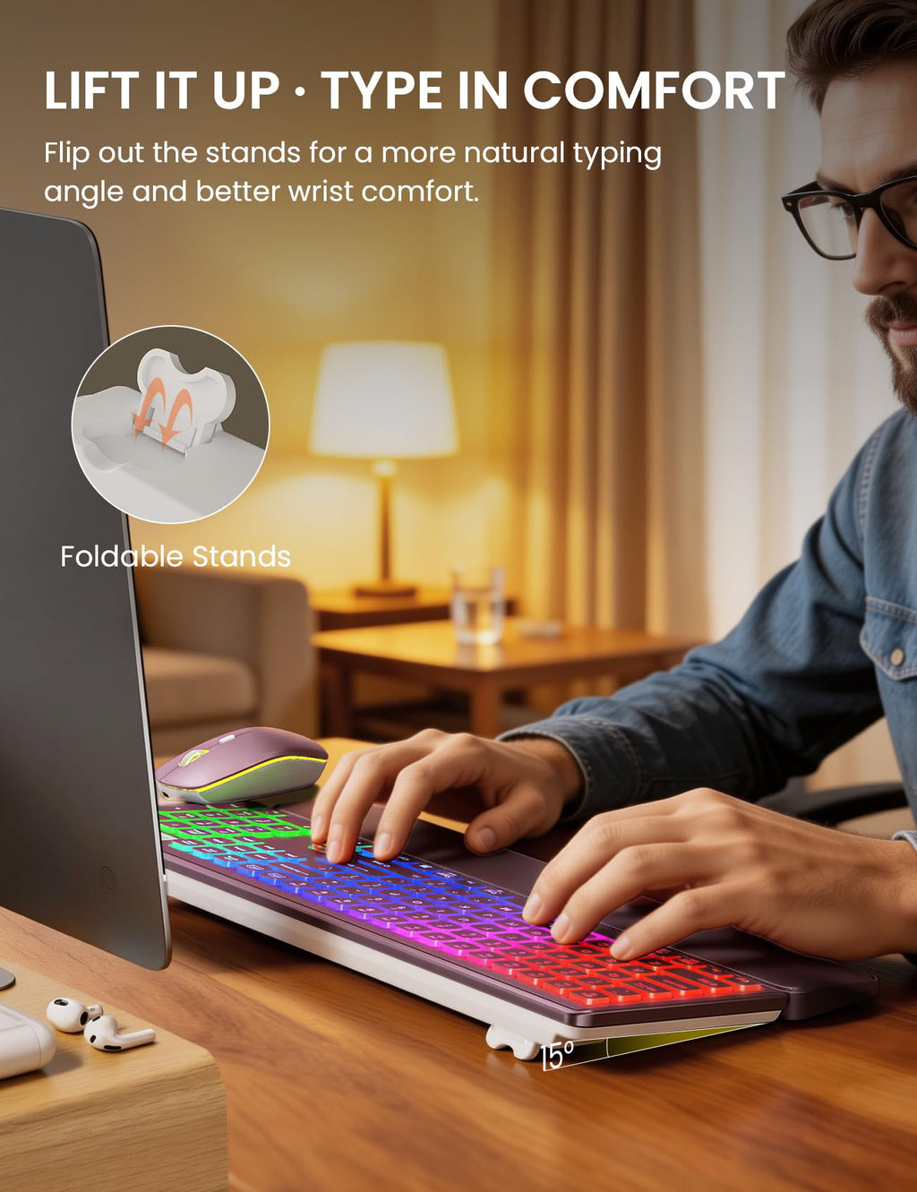 Wireless Keyboard and Mouse Combo, RGB Backlit, Rechargeable & Light Up Letters, Full-Size, Soft Typing, Sleep Mode, 2.4GHz Quiet Keyboard Set for Mac, Windows, Laptop, PC, Trueque KM42Pro (Black) - Flex Gamingproduct_type