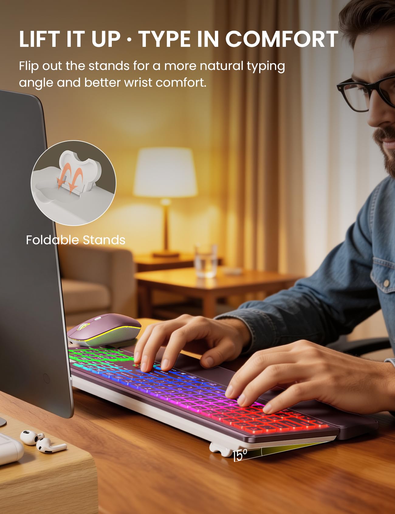 Wireless Keyboard and Mouse Combo, RGB Backlit, Rechargeable & Light Up Letters, Full-Size, Soft Typing, Sleep Mode, 2.4GHz Quiet Keyboard Set for Mac, Windows, Laptop, PC, Trueque KM42Pro (Black) - Flex Gamingproduct_type