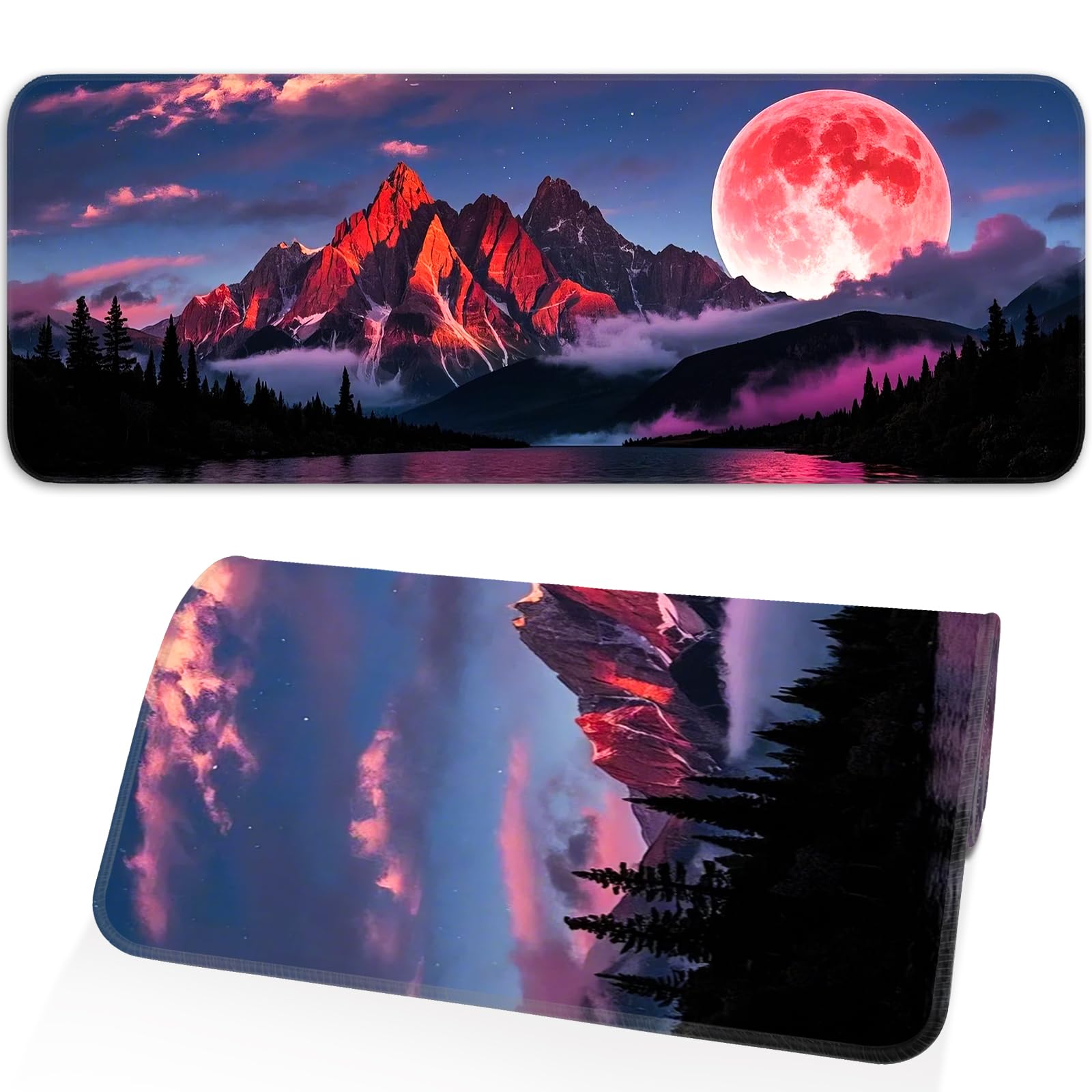 Japanese Dark Red Moon Gaming Mouse Pad, Extended Mouse Pad with Non-Slip Base, Full Keyboard Pad with Stitched Edges, Large Desk Pad for Gaming, Office, Home 31.5 x 11.8 Inch - Flex Gamingproduct_type
