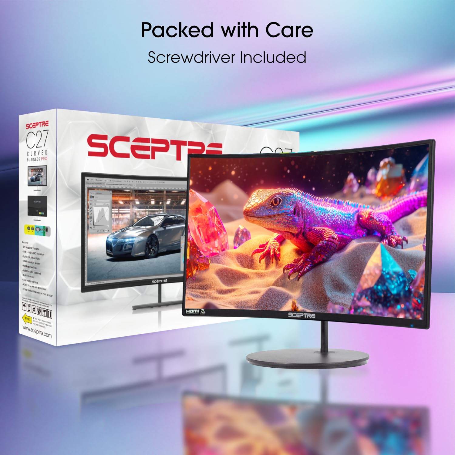Sceptre Curved 27-inch Prime Monitor up to 100Hz 1080p, HDMI x2, VGA, 99% sRGB, Built-in Speakers, R1500, Machine Black 2025 (C275W-1920RN Series) - Flex Gamingproduct_type