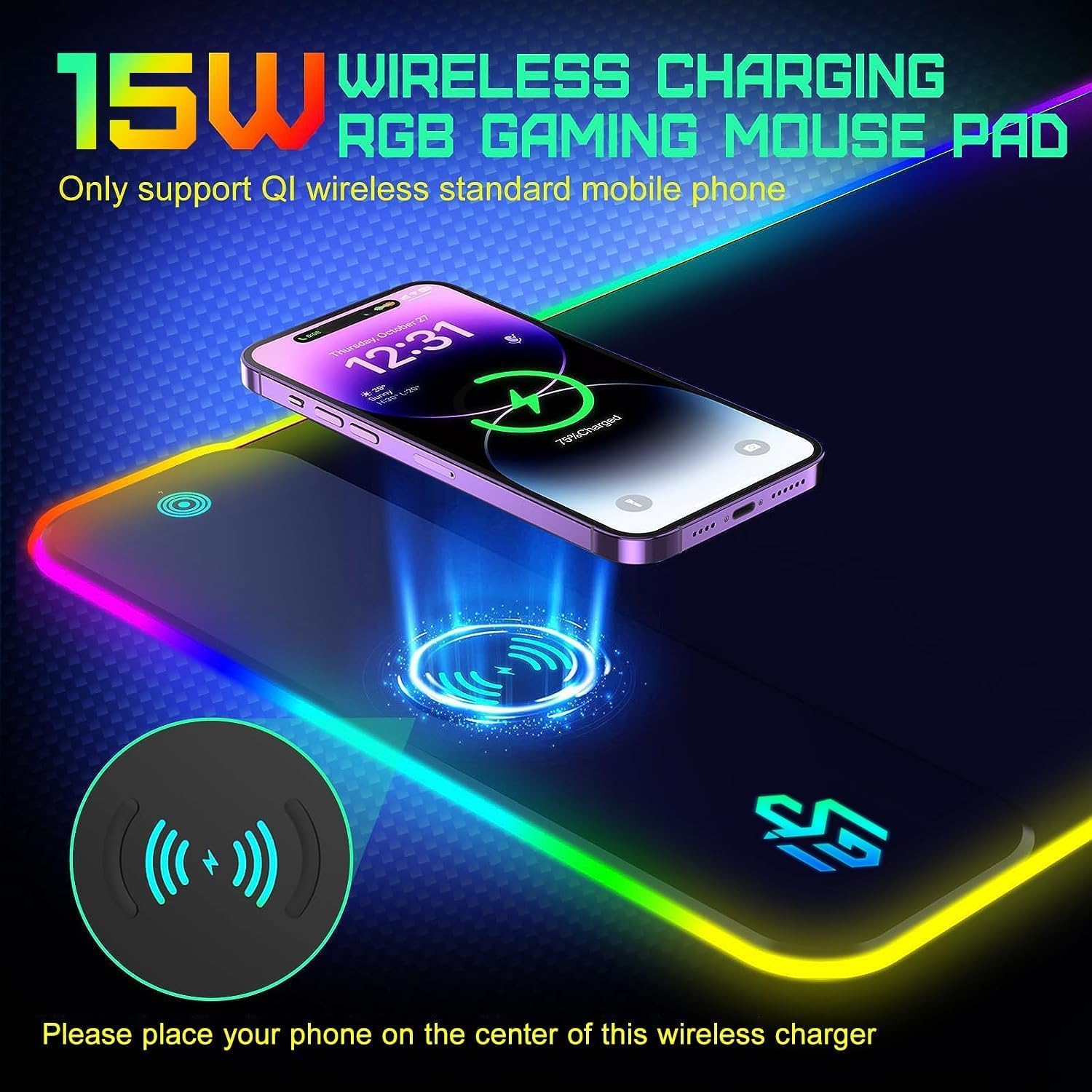 GIM Wireless Charging RGB Gaming Mouse Pad 15W, LED Mouse Mat 800x300x4MM, 10 Light Modes Extra Large Mousepad Non-Slip Rubber Base Computer Keyboard Mat for Gaming, MacBook, PC, Laptop, Desk - Flex Gamingproduct_type