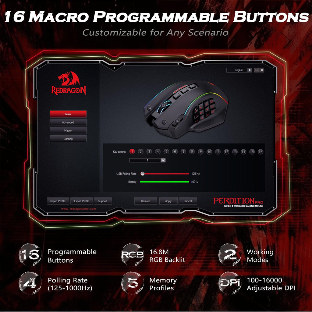 Redragon Gaming Mouse, MMO Mouse Gaming UP 12400 DPI, 19 Macro Programmable Buttons, RGB Mouse with 12 Side Buttons, 8 * 2.4g Weight Tuning for PC Laptop MOBA FPS, M901K, Black - Flex Gamingproduct_type