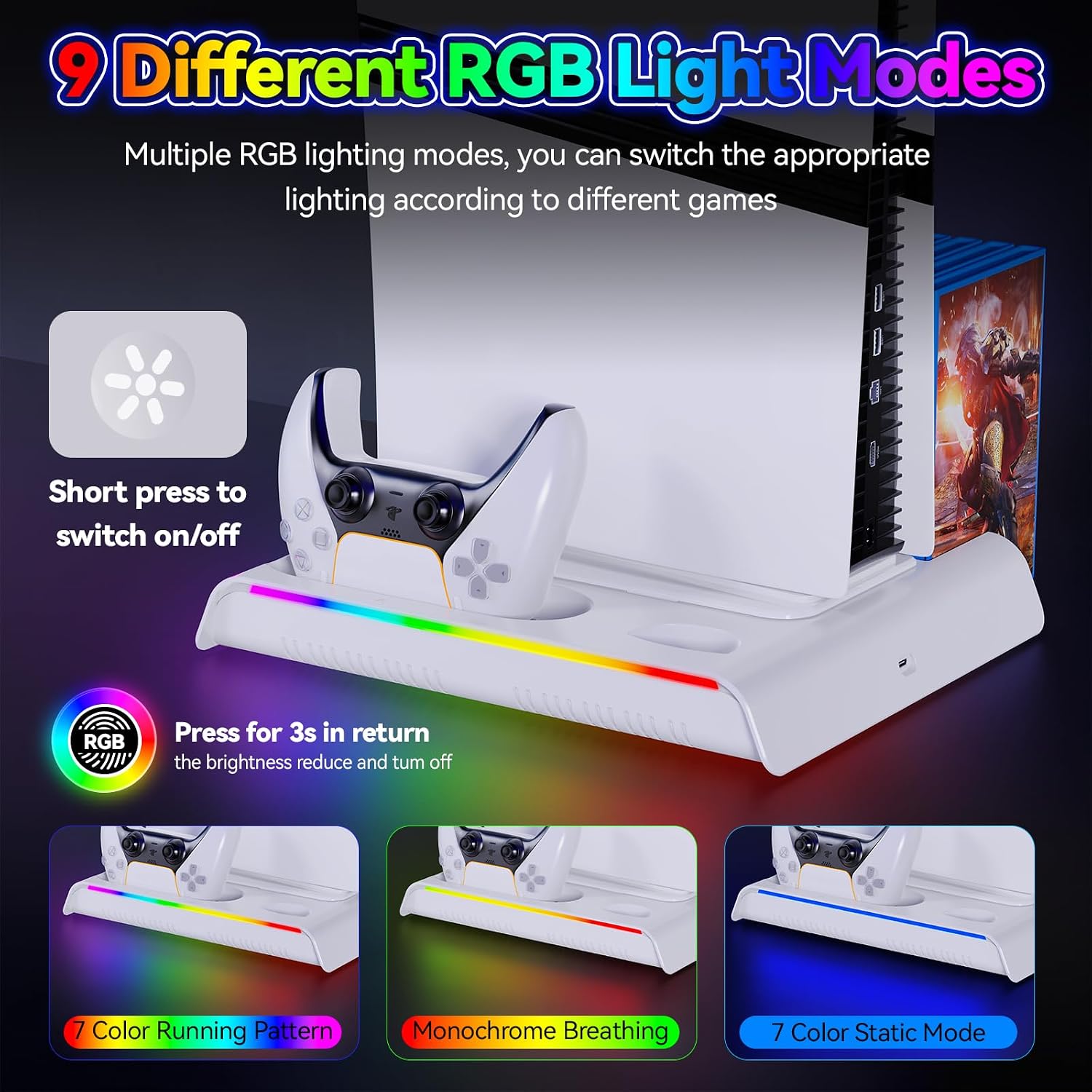 PS5 Controller Dual Charging Console Cooling Base, Cooling & Charging Station with RGB Lighting,Accessories with 3 Levels Cooling Fan, Headset Holder - Flex Gamingproduct_type