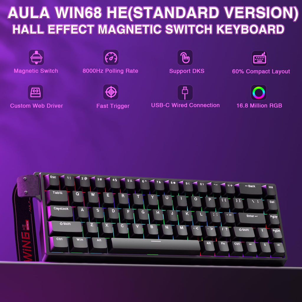 AULA WIN68 HE Mechanical Gaming Keyboard 60%, Hall Effect Magnetic Switch, Fast Trigger Mode Adjustable Actuation, 8000Hz Polling Rate, RGB Backlit, Wired Black Keyboard for Laptop/PC Gamer - Flex Gamingproduct_type