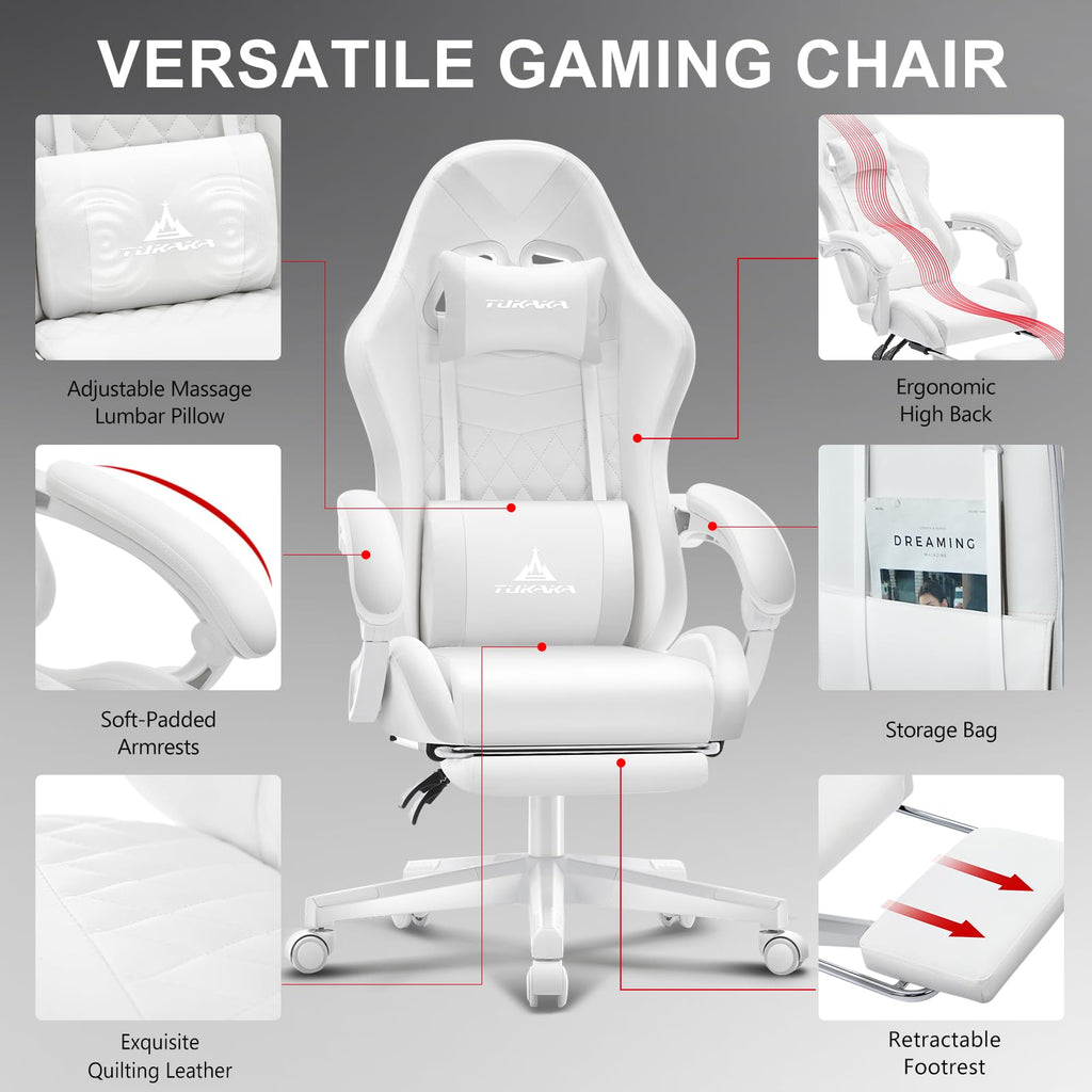 White Gaming Chair,Ergonomic Massage Office Desk Chair with Footrest | Pocket Spring Cushion,Reclining,Thick High Back,Headrest and Lumbar Support,Adjustable Leather Computer Chair Gamer Chair - Flex Gamingproduct_type