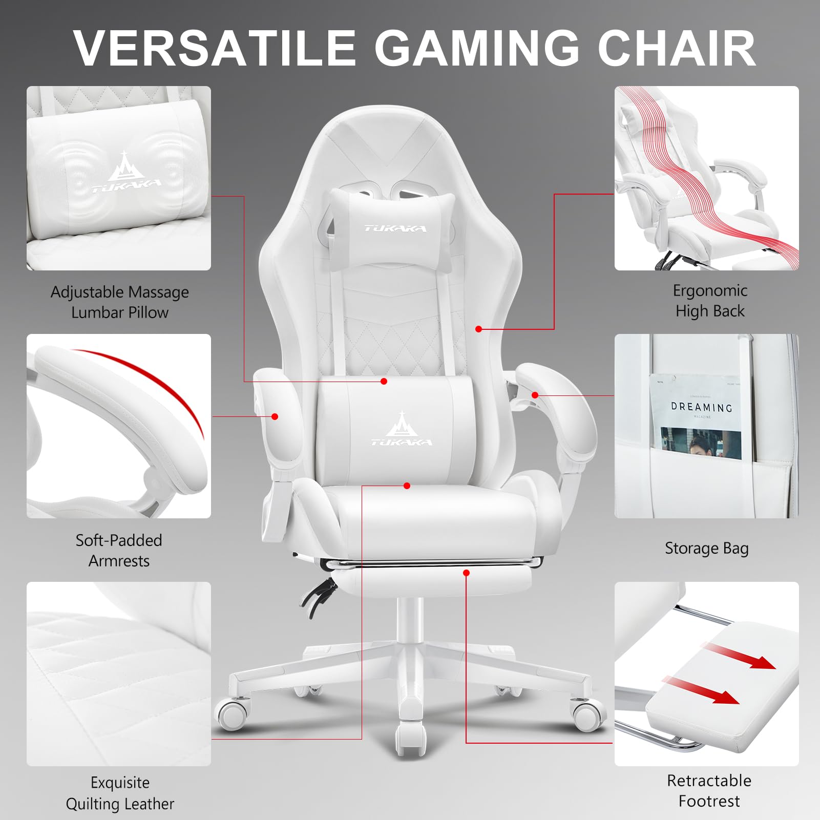 White Gaming Chair,Ergonomic Massage Office Desk Chair with Footrest | Pocket Spring Cushion,Reclining,Thick High Back,Headrest and Lumbar Support,Adjustable Leather Computer Chair Gamer Chair - Flex Gamingproduct_type