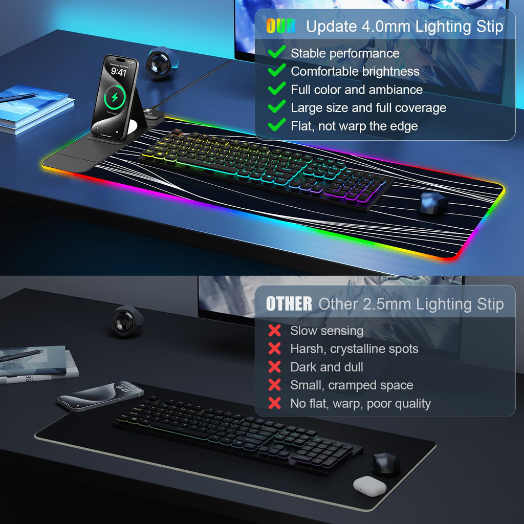 XXL Mouse Pad with Phone Holder - Black, RGB Desk Mat with 15W Fast Charging, LED Gaming Mousepad with 11 Light Colors, Waterproof Non-Slip Pad for Office & Home (Wave) - Flex Gamingproduct_type
