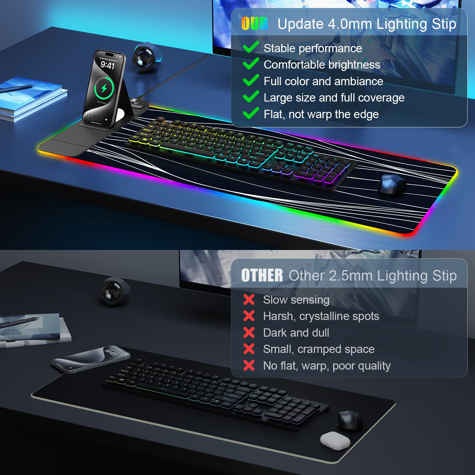 XXL Mouse Pad with Phone Holder - Black, RGB Desk Mat with 15W Fast Charging, LED Gaming Mousepad with 11 Light Colors, Waterproof Non-Slip Pad for Office & Home (Wave) - Flex Gamingproduct_type