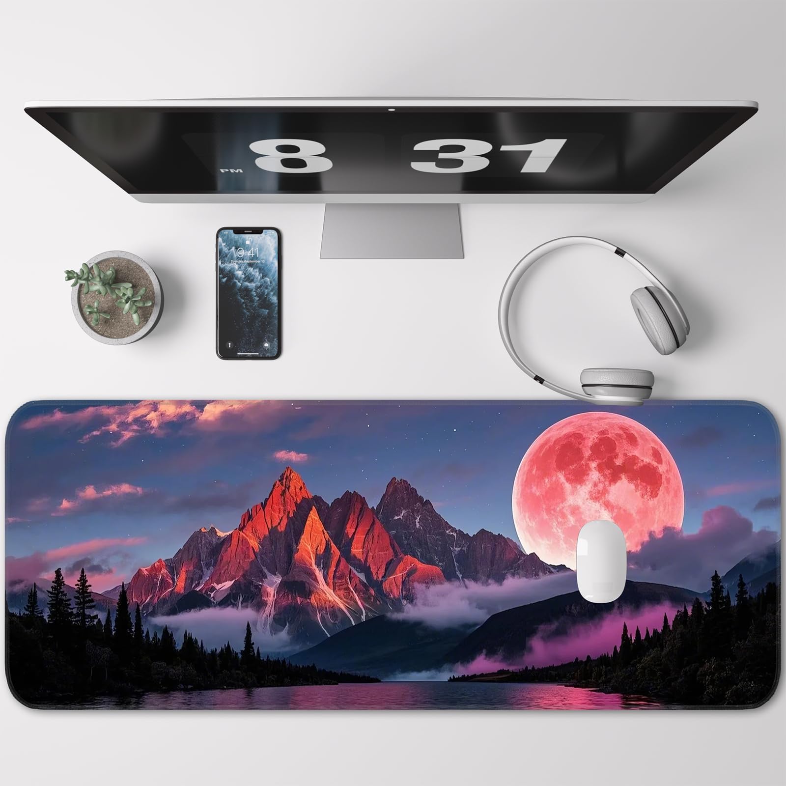 Japanese Dark Red Moon Gaming Mouse Pad, Extended Mouse Pad with Non-Slip Base, Full Keyboard Pad with Stitched Edges, Large Desk Pad for Gaming, Office, Home 31.5 x 11.8 Inch - Flex Gamingproduct_type