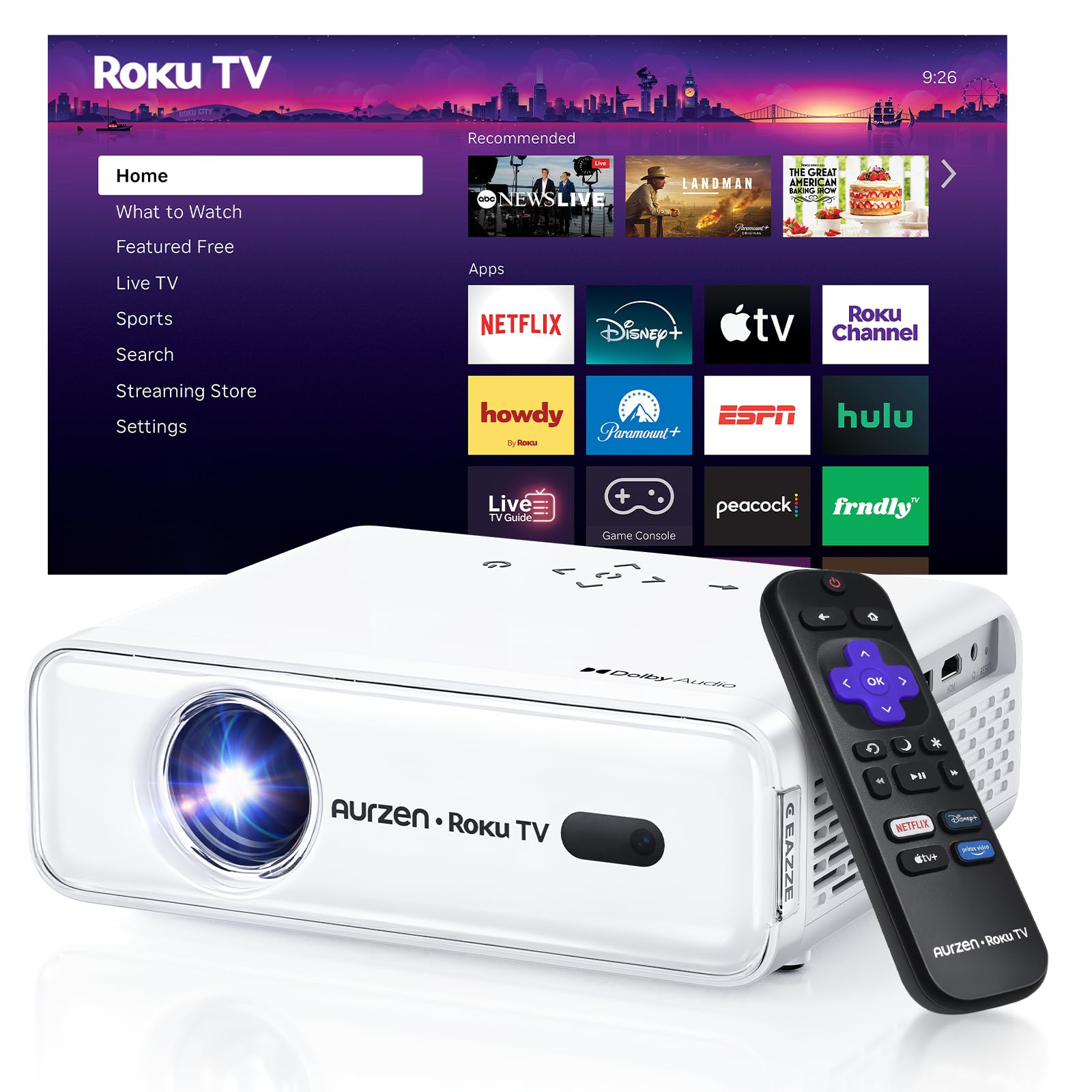 Aurzen Roku TV Smart Projector with Wifi and Bluetooth, Roku TV Built-in, 1080P FHD, DoIby Audio, Auto Focus & Keystone, Zoom, Movie Portable Outdoor Mini Projector for Soccer Football Game, White - Flex Gamingproduct_type