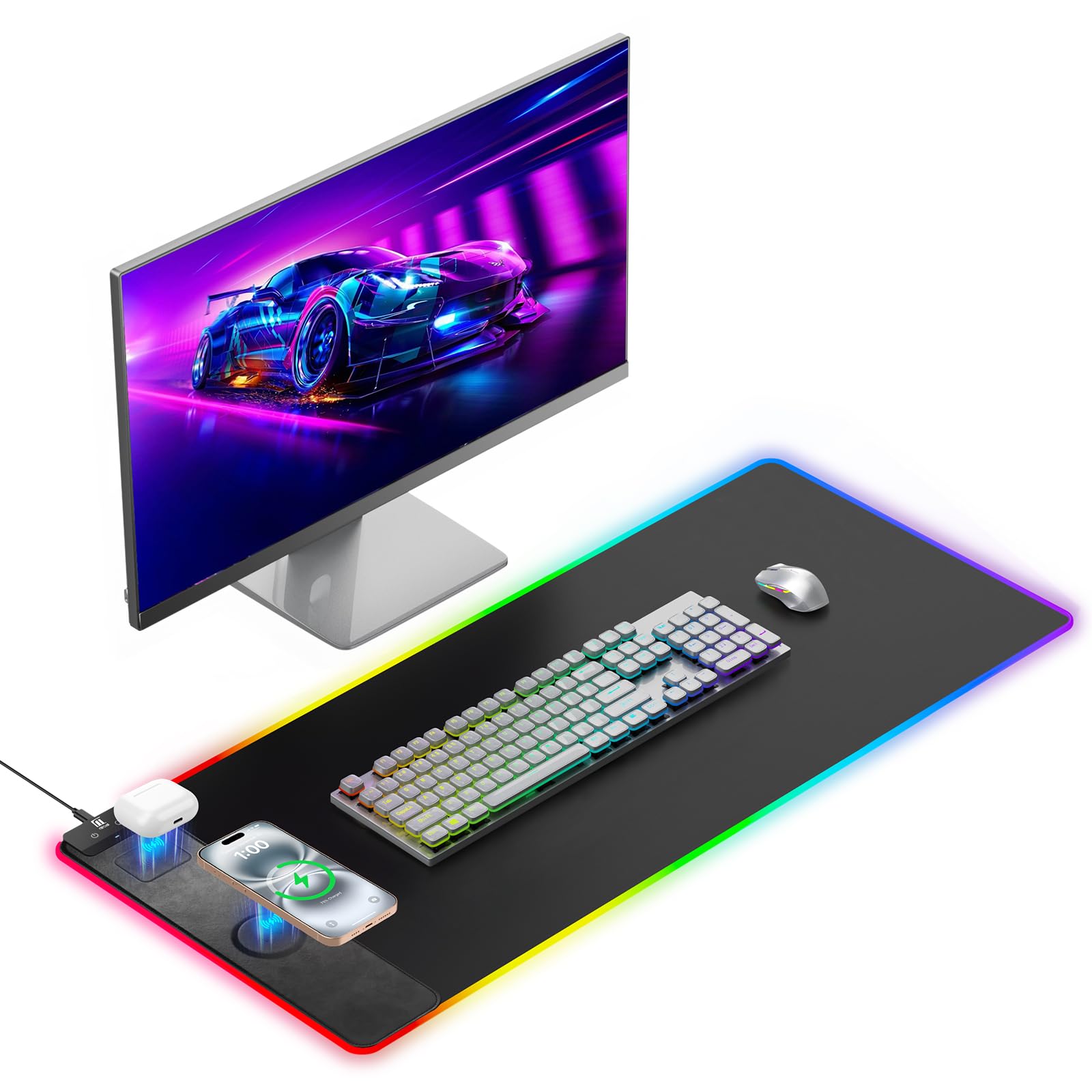 XXL Mouse Pad with Phone Holder - Black, RGB Desk Mat with 15W Fast Charging, LED Gaming Mousepad with 11 Light Colors, Waterproof Non-Slip Pad for Office & Home (Wave) - Flex Gamingproduct_type