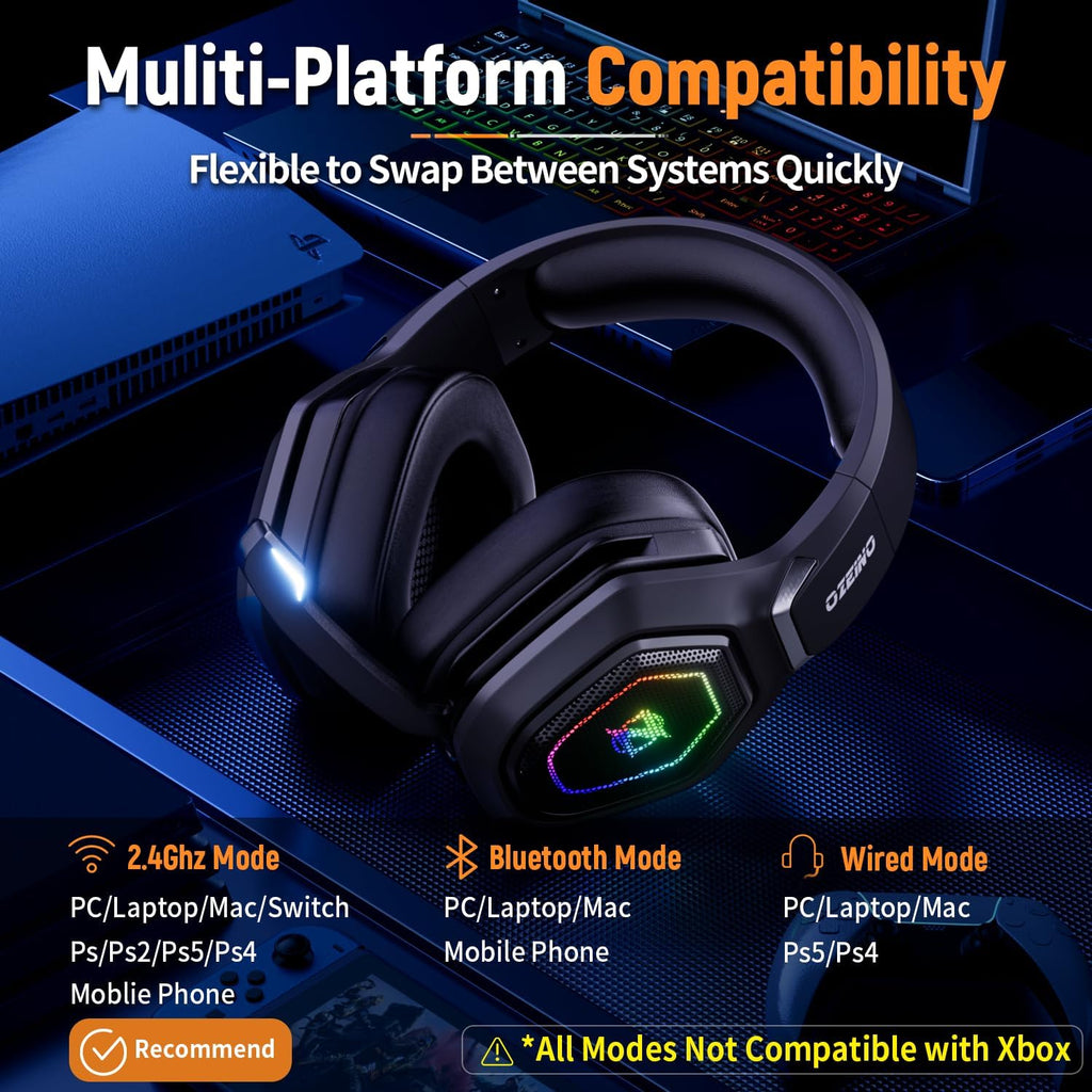 Ozeino 2.4GHz Wireless Gaming Headset for PC, Ps5, Ps4 - Lossless Audio USB & Type-C Ultra Stable Gaming Headphones with Flip Microphone, 40-Hr Battery Gamer Headset for Switch, Laptop, Mobile, Mac - Flex Gamingproduct_type