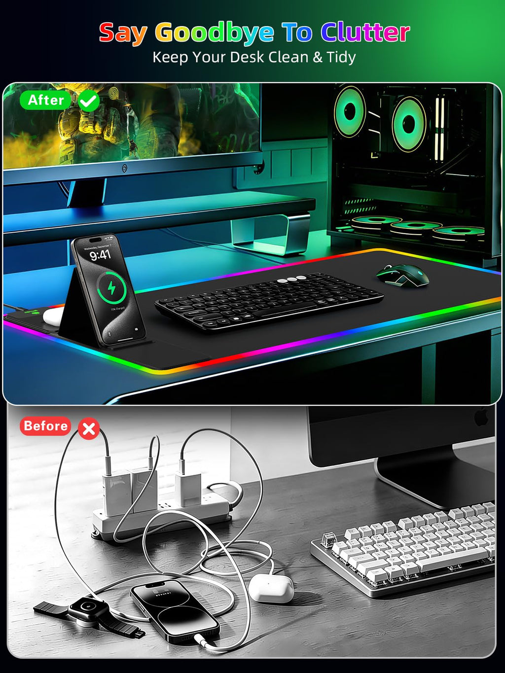 XXL Mouse Pad with Phone Holder - Black, RGB Desk Mat with 15W Fast Charging, LED Gaming Mousepad with 11 Light Colors, Waterproof Non-Slip Pad for Office & Home (Wave) - Flex Gamingproduct_type