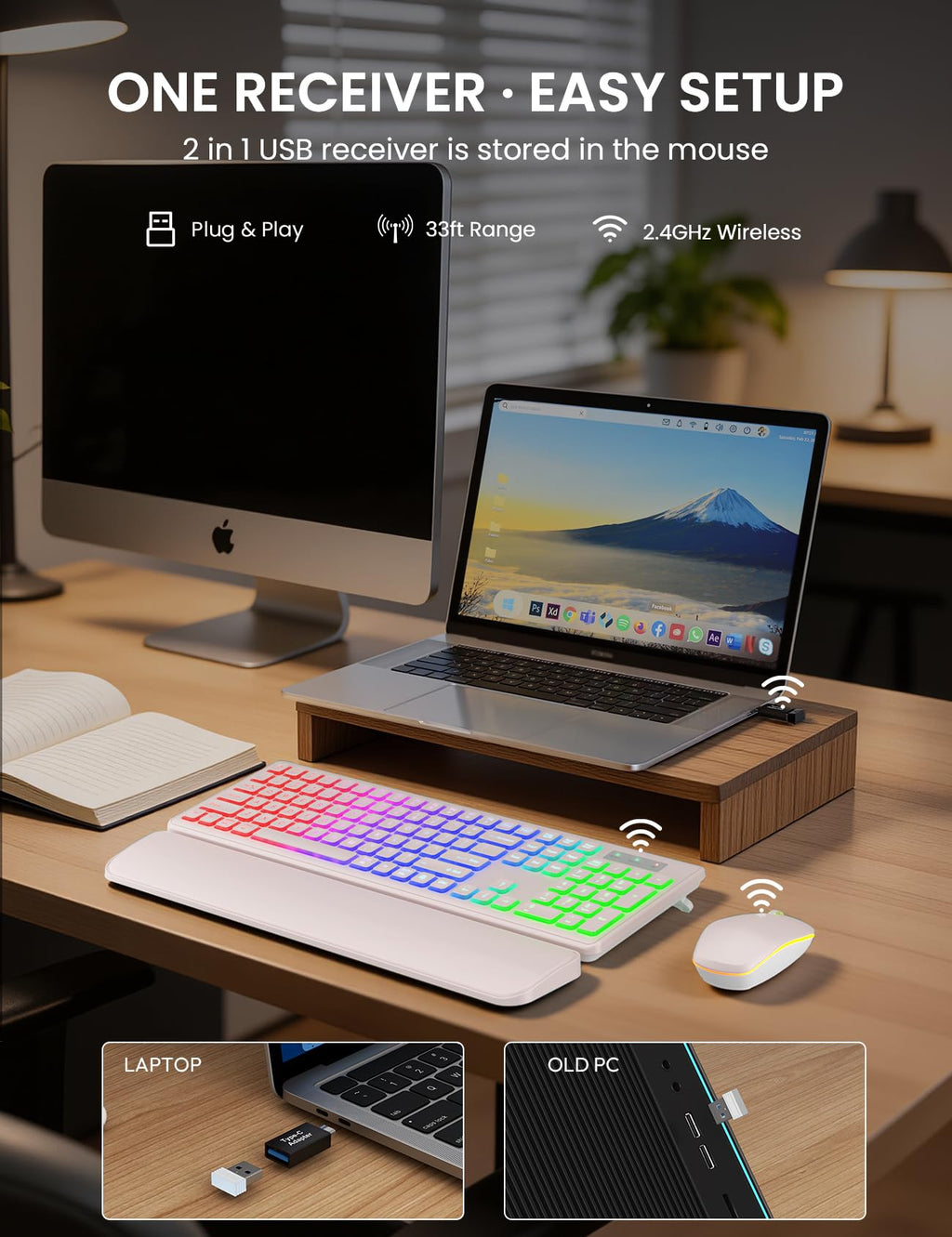 Wireless Keyboard and Mouse Combo, RGB Backlit, Rechargeable & Light Up Letters, Full-Size, Soft Typing, Sleep Mode, 2.4GHz Quiet Keyboard Set for Mac, Windows, Laptop, PC, Trueque KM42Pro (Black) - Flex Gamingproduct_type