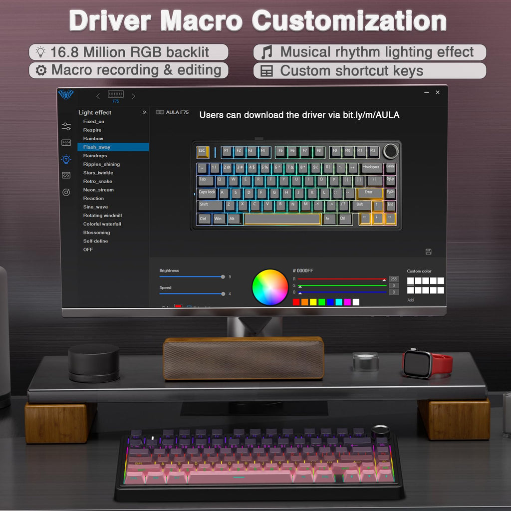 AULA F75 Pro Wireless Mechanical Keyboard,75% Hot Swappable Custom Keyboard with Knob,RGB Backlit,Pre-lubed Reaper Switches,Side Printed PBT Keycaps,2.4GHz/USB-C/BT5.0 Mechanical Gaming Keyboards - Flex Gamingproduct_type