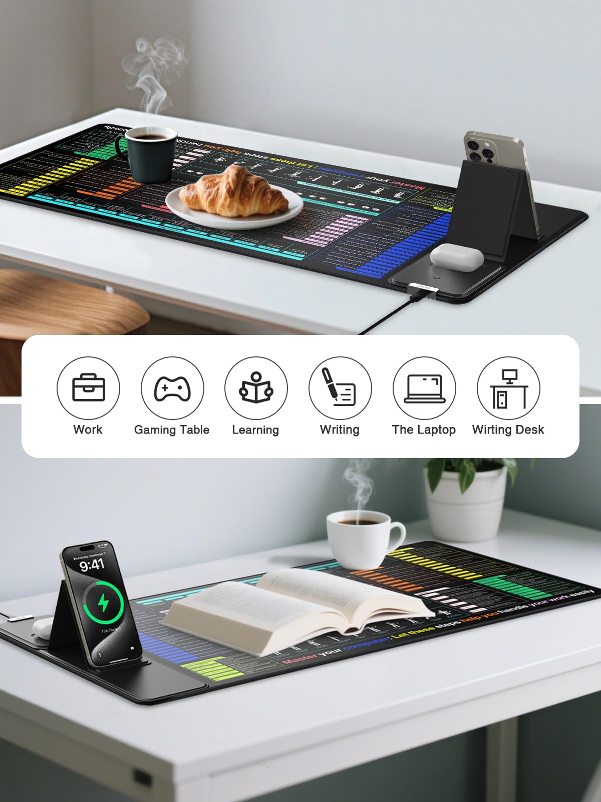 XXL Mouse Pad with Phone Holder - Black, RGB Desk Mat with 15W Fast Charging, LED Gaming Mousepad with 11 Light Colors, Waterproof Non-Slip Pad for Office & Home (Wave) - Flex Gamingproduct_type