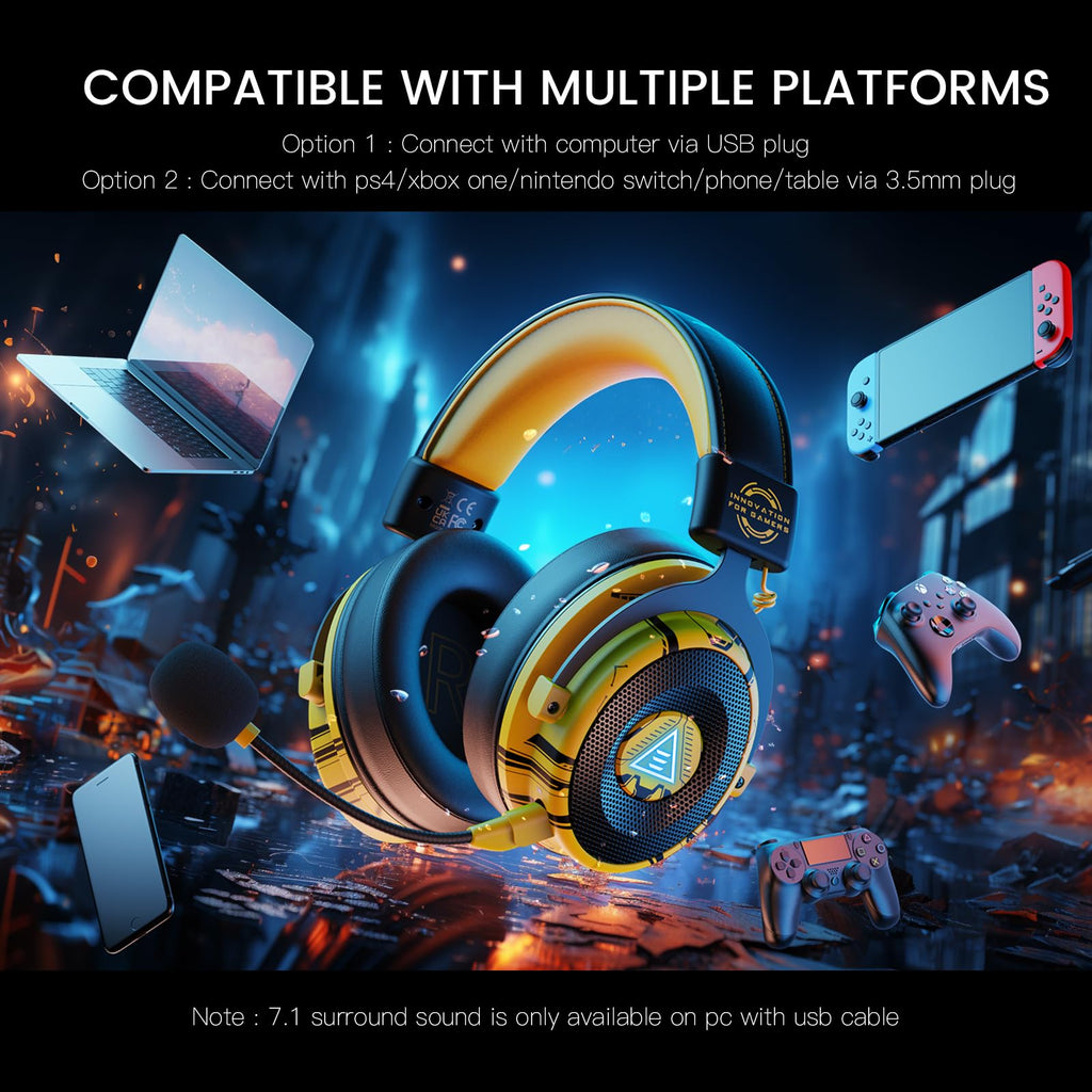 EKSA USB Gaming Headset for PC, Computer Gaming Headphones with Detachable Microphone Noise Cancelling, 7.1 Surround Sound, 50MM Driver, Wired Headset for PS4 PS5, Xbox One, Laptop (Yellow) - Flex Gamingproduct_type