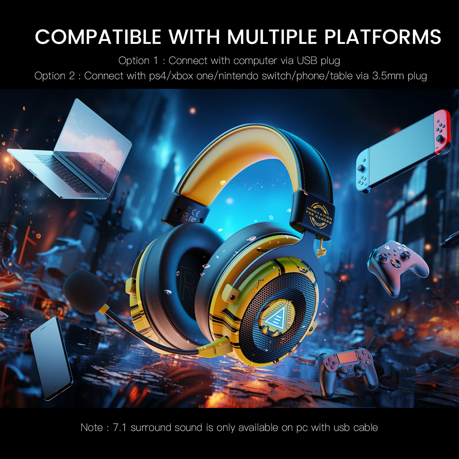 EKSA USB Gaming Headset for PC, Computer Gaming Headphones with Detachable Microphone Noise Cancelling, 7.1 Surround Sound, 50MM Driver, Wired Headset for PS4 PS5, Xbox One, Laptop (Yellow) - Flex Gamingproduct_type