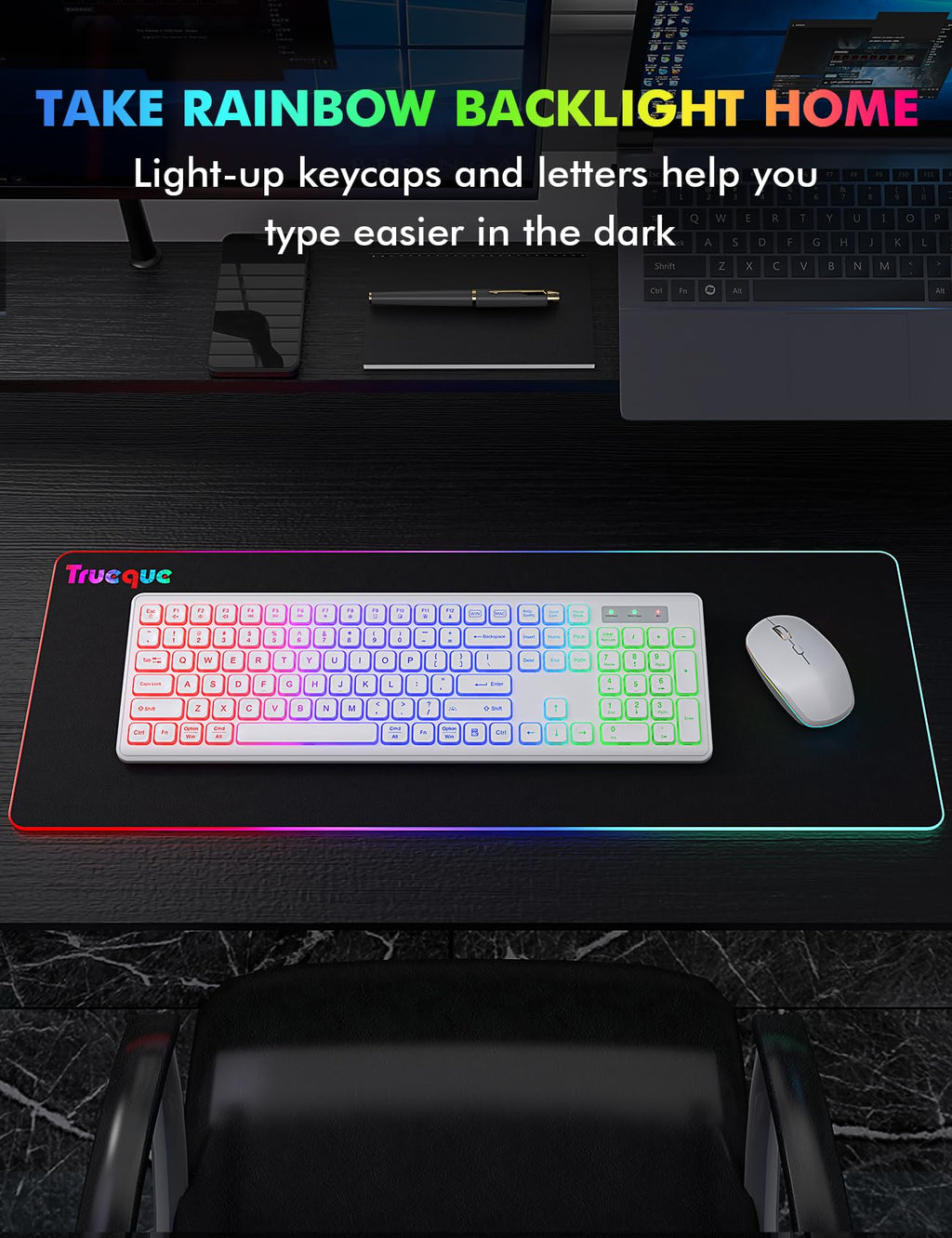 Wireless Keyboard and Mouse Combo, RGB Backlit, Rechargeable & Light Up Letters, Full-Size, Soft Typing, Sleep Mode, 2.4GHz Quiet Keyboard Set for Mac, Windows, Laptop, PC, Trueque KM42Pro (Black) - Flex Gamingproduct_type
