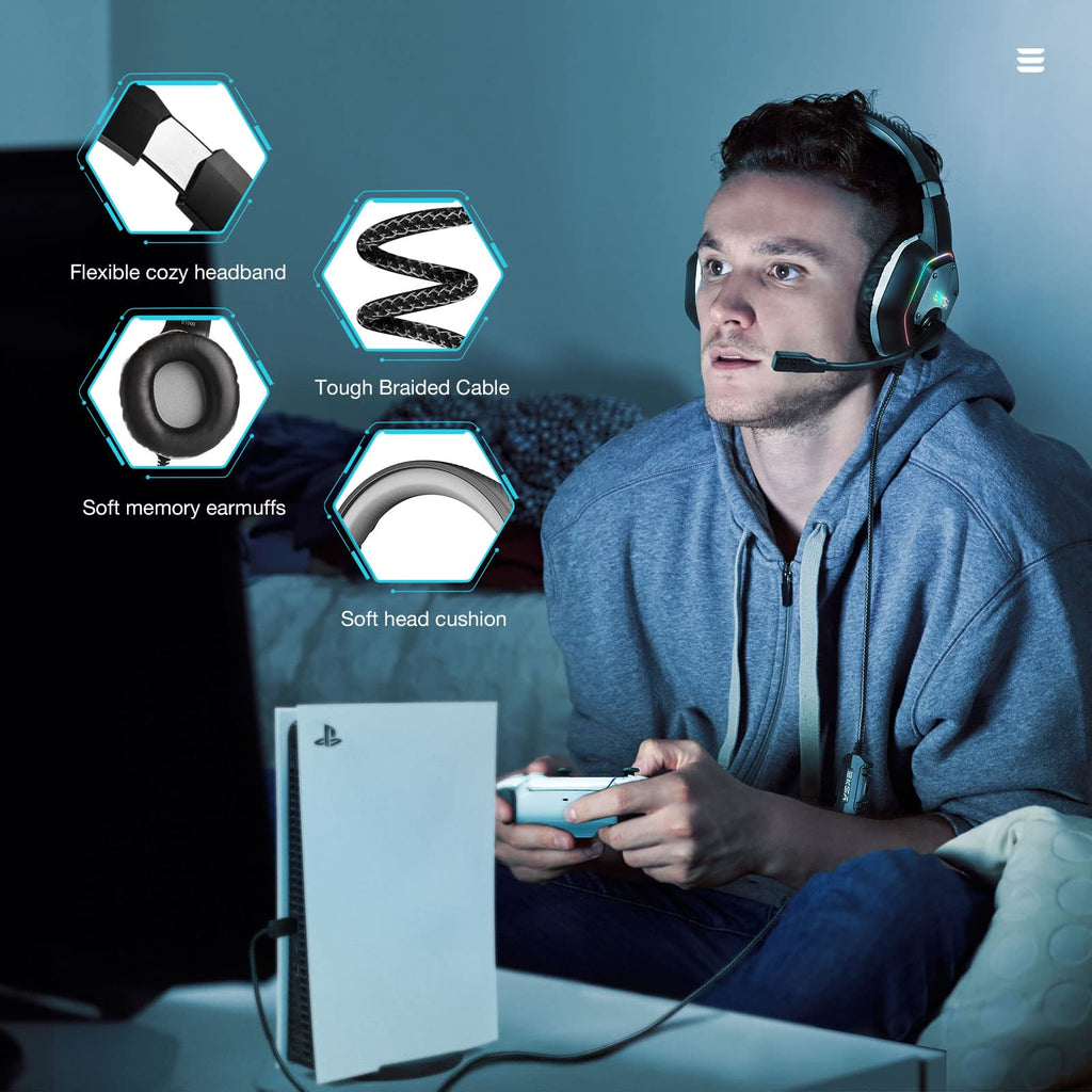 EKSA E1000 USB Gaming Headset for PC, Computer Headphones with Microphone/Mic Noise Cancelling, 7.1 Surround Sound, RGB Light - Wired Headphones for PS4, PS5 Console, Laptop, Call Center - Flex Gamingproduct_type