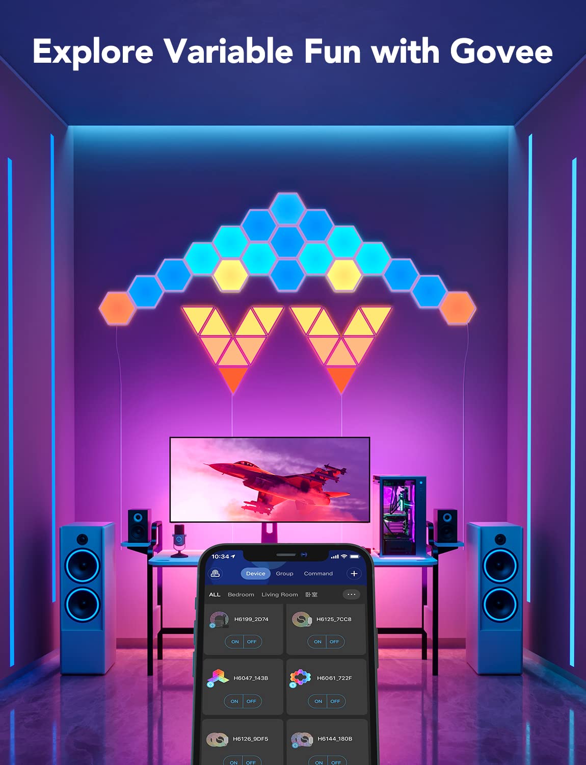 Govee Glide Hexa Light Panels, RGBIC Hexagon LED Wall Lights, Wi-Fi Smart Home Creative Wall Lights with Music Sync, Works with Alexa Google Assistant for Indoor Gaming Decor, 10 Pack - Flex Gamingproduct_type