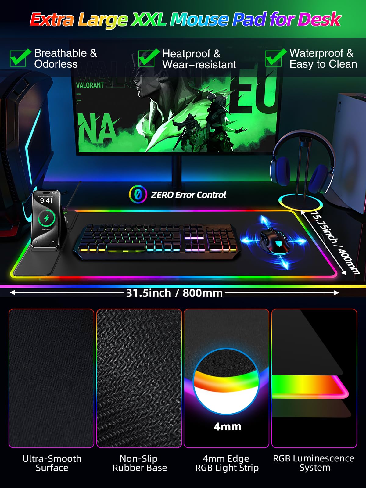 XXL Mouse Pad with Phone Holder - Black, RGB Desk Mat with 15W Fast Charging, LED Gaming Mousepad with 11 Light Colors, Waterproof Non-Slip Pad for Office & Home (Wave) - Flex Gamingproduct_type