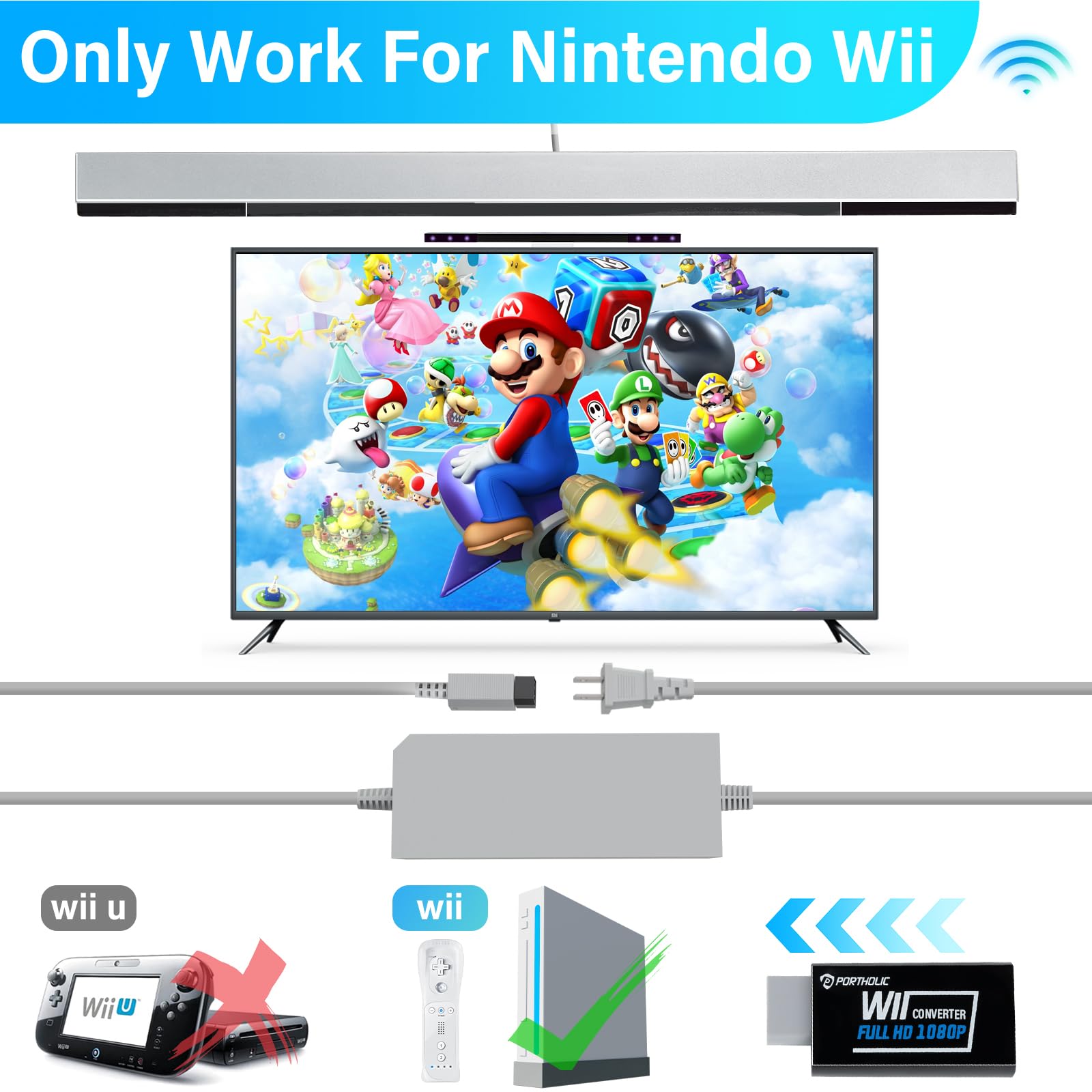 PORTHOLIC 4 in 1 Wii Replacement Cables Set, Wii AC Power Adapter + Wii to hdmi Converter+ Wired Motion Sensor Bar and Composite Audio Video Cable for Nintendo Wii - Flex Gamingproduct_type