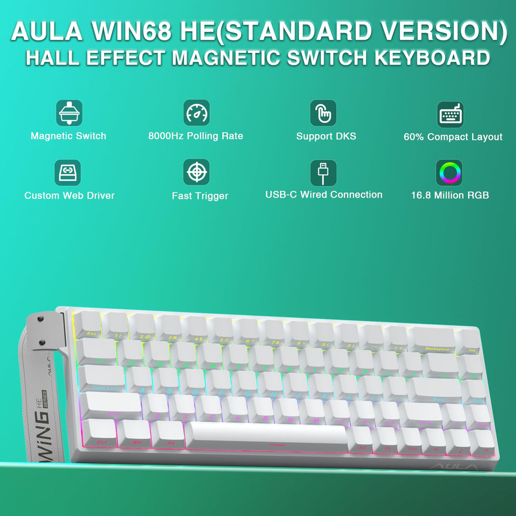AULA WIN68 HE Mechanical Gaming Keyboard 60%, Hall Effect Magnetic Switch, Fast Trigger Mode Adjustable Actuation, 8000Hz Polling Rate, RGB Backlit, Wired Black Keyboard for Laptop/PC Gamer - Flex Gamingproduct_type