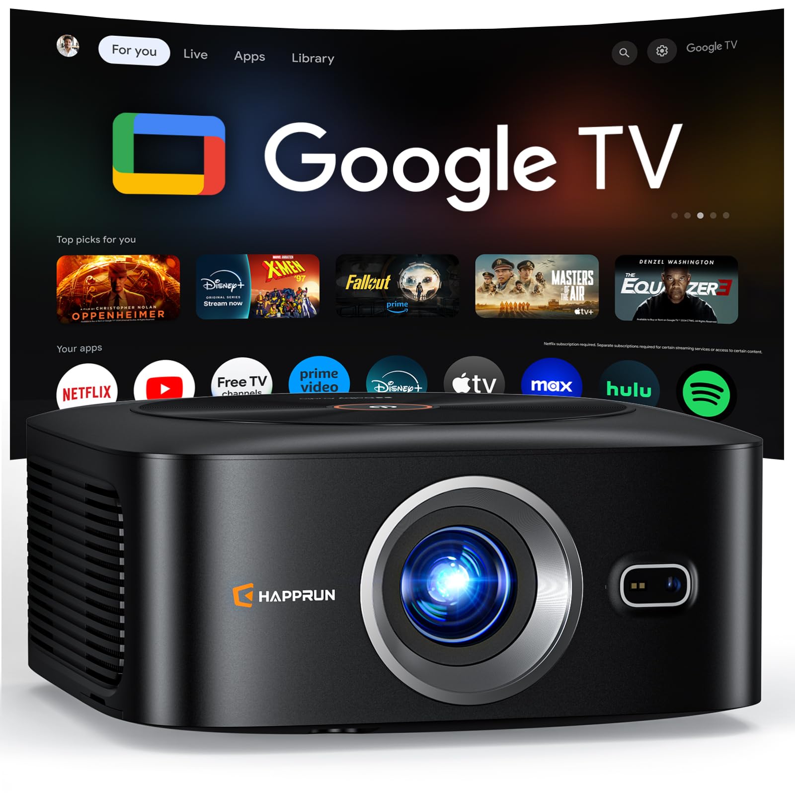 1500 ANSI Official Licensed Google TV Smart Projector, HAPPRUN 4K Full HD Home Theater with Auto Focus, Dolby Sound, Wi-Fi Bluetooth, Built-in Apps, Compatible with Phone & PC, Indoor & Outdoor Use - Flex Gamingproduct_type