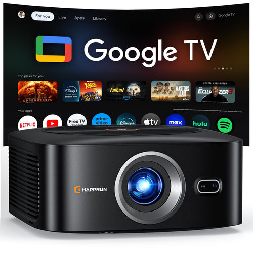 1500 ANSI Official Licensed Google TV Smart Projector, HAPPRUN 4K Full HD Home Theater with Auto Focus, Dolby Sound, Wi-Fi Bluetooth, Built-in Apps, Compatible with Phone & PC, Indoor & Outdoor Use - Flex Gamingproduct_type