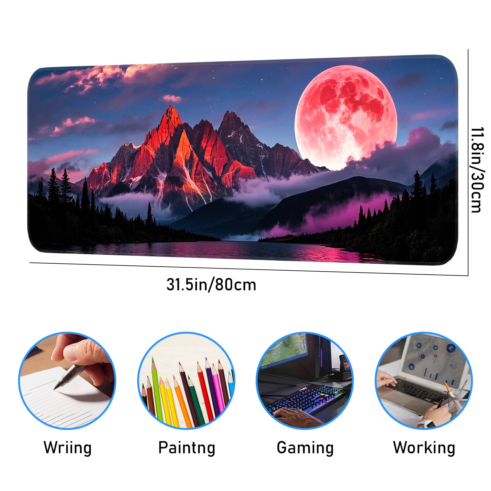 Japanese Dark Red Moon Gaming Mouse Pad, Extended Mouse Pad with Non-Slip Base, Full Keyboard Pad with Stitched Edges, Large Desk Pad for Gaming, Office, Home 31.5 x 11.8 Inch - Flex Gamingproduct_type