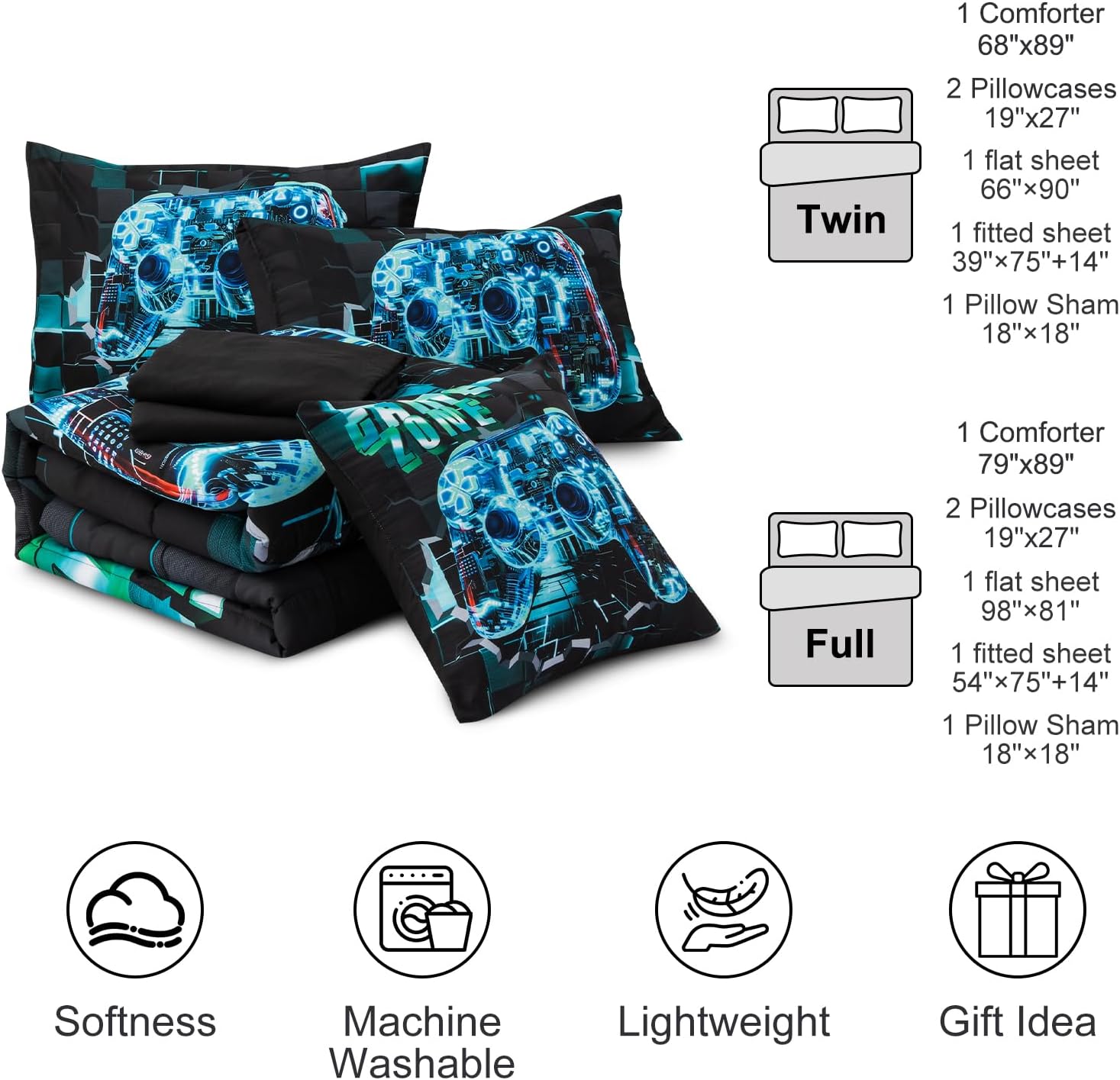 Aimuan Gamer Gaming Bedding Sets 3D Gamepad Comforter Sets for Boys Games Console Action Buttons Novelty Colorful Game Controller Modern Room Decor Home Quilt Set (Cyan, Twin 6PCS) - Flex Gamingproduct_type