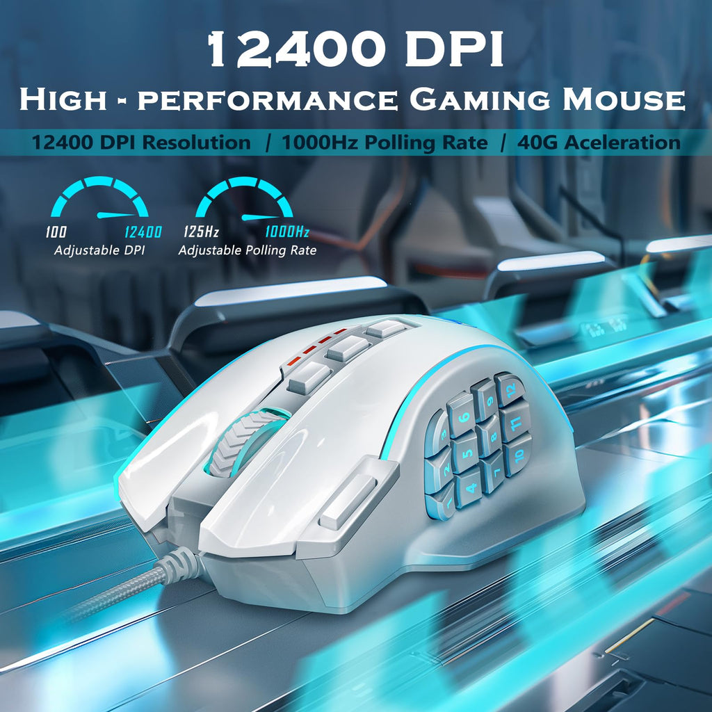 Redragon Gaming Mouse, MMO Mouse Gaming UP 12400 DPI, 19 Macro Programmable Buttons, RGB Mouse with 12 Side Buttons, 8 * 2.4g Weight Tuning for PC Laptop MOBA FPS, M901K, Black - Flex Gamingproduct_type