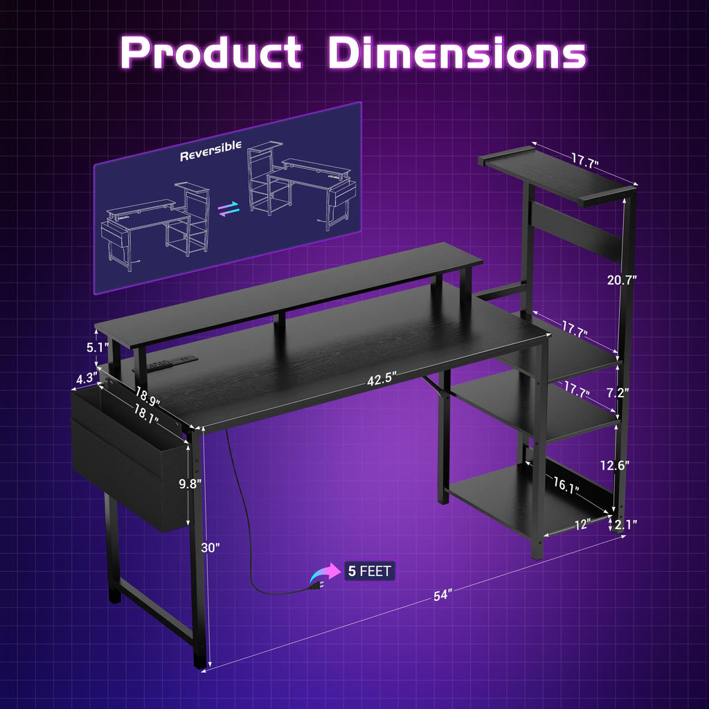 Apicizon 43 Inch Gaming Desk with LED Setup Style, Computer Desk with Storage Shelves & Monitor Stand, Reversible Workstation for Small Space, Home Office Desk Black - Flex Gamingproduct_type