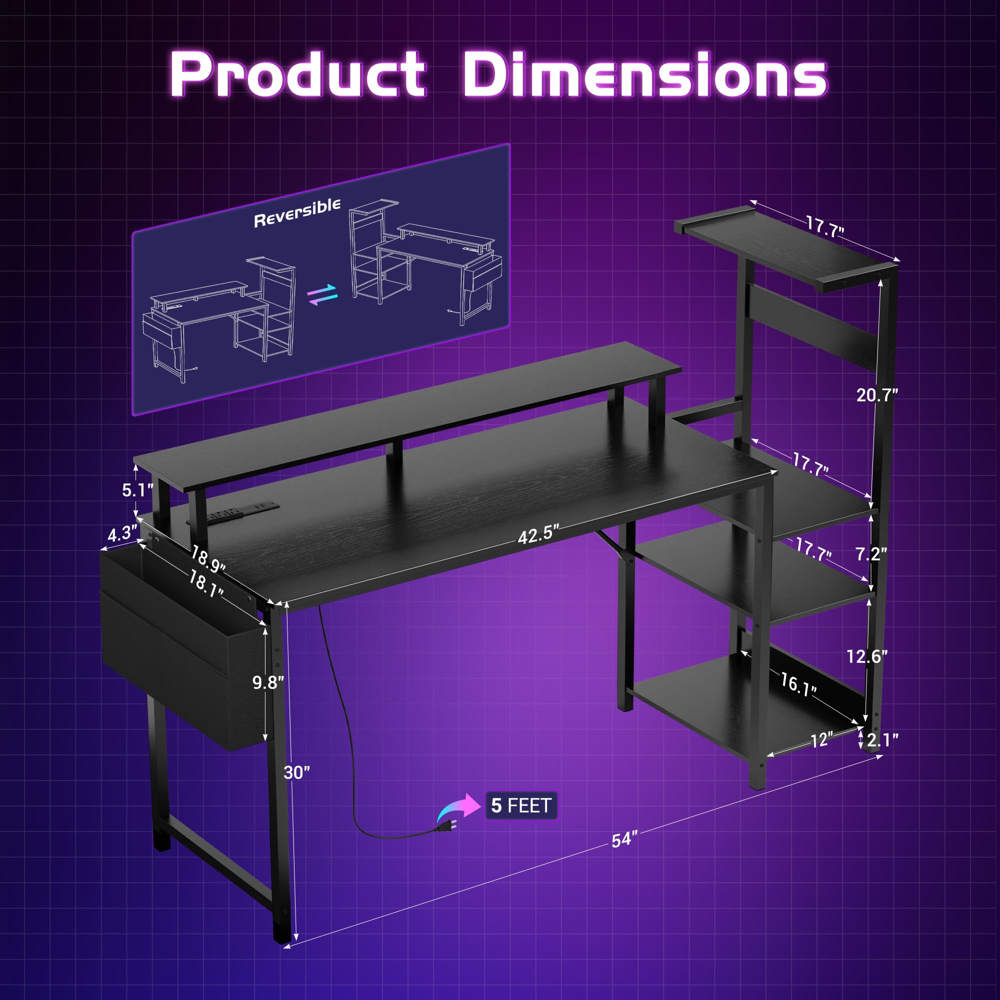 Apicizon 43 Inch Gaming Desk with LED Setup Style, Computer Desk with Storage Shelves & Monitor Stand, Reversible Workstation for Small Space, Home Office Desk Black - Flex Gamingproduct_type