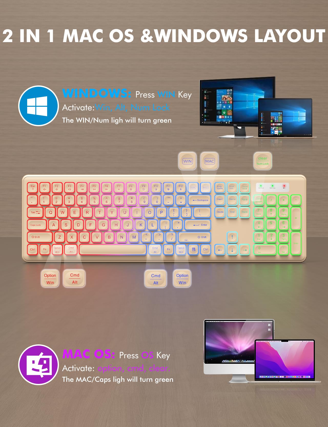 Wireless Keyboard and Mouse Combo, RGB Backlit, Rechargeable & Light Up Letters, Full-Size, Soft Typing, Sleep Mode, 2.4GHz Quiet Keyboard Set for Mac, Windows, Laptop, PC, Trueque KM42Pro (Black) - Flex Gamingproduct_type
