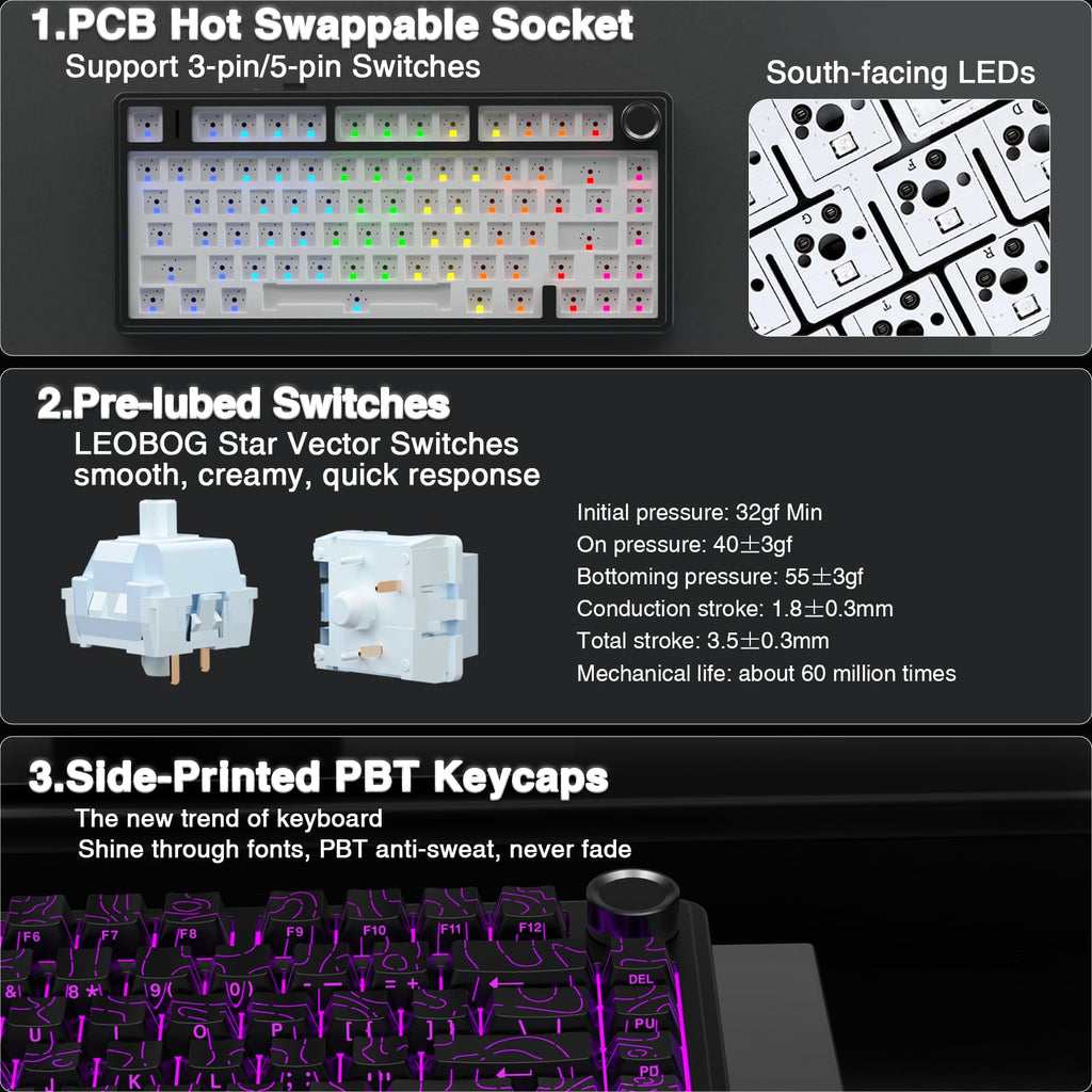 AULA F75 Pro Wireless Mechanical Keyboard,75% Hot Swappable Custom Keyboard with Knob,RGB Backlit,Pre-lubed Reaper Switches,Side Printed PBT Keycaps,2.4GHz/USB-C/BT5.0 Mechanical Gaming Keyboards - Flex Gamingproduct_type