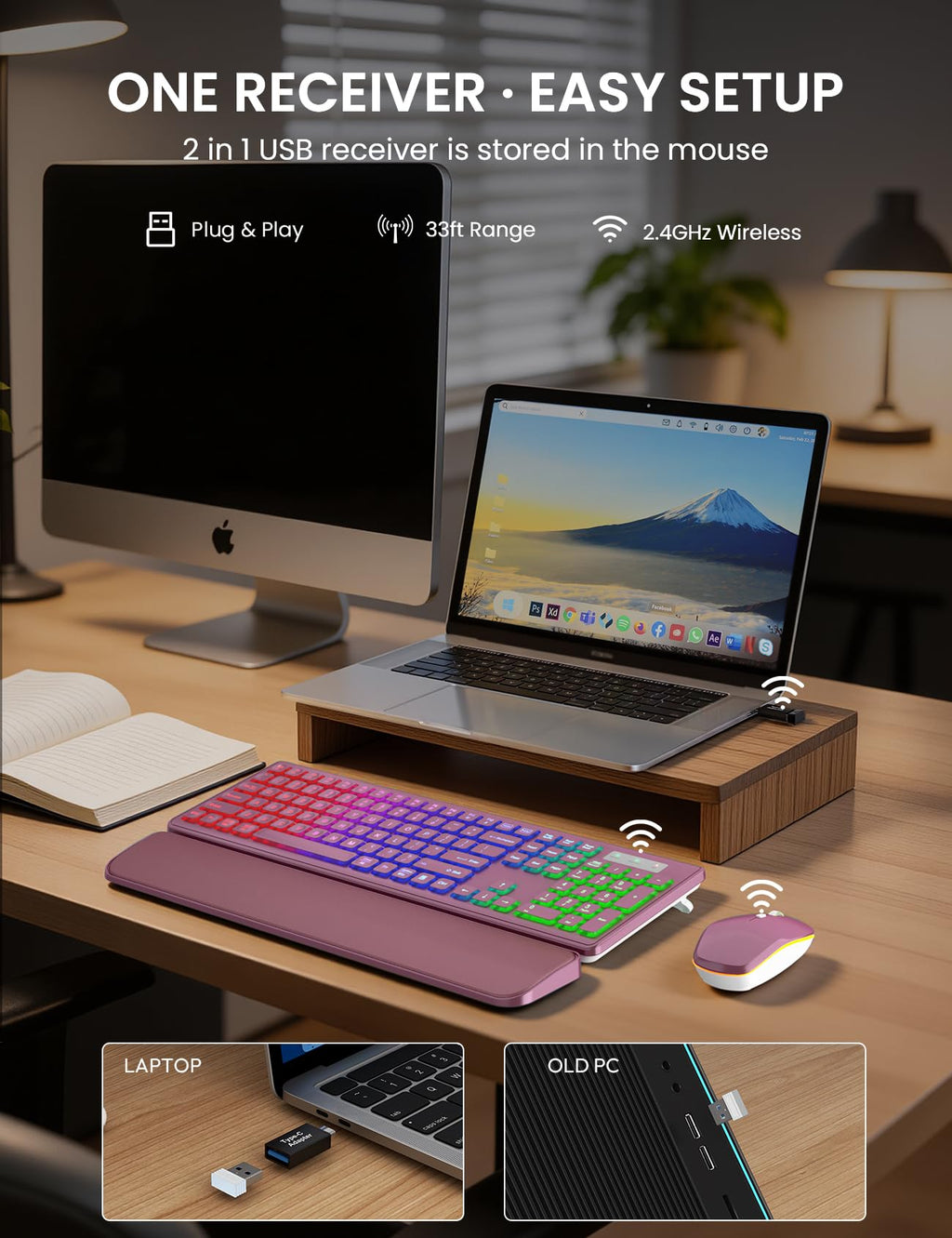 Wireless Keyboard and Mouse Combo, RGB Backlit, Rechargeable & Light Up Letters, Full-Size, Soft Typing, Sleep Mode, 2.4GHz Quiet Keyboard Set for Mac, Windows, Laptop, PC, Trueque KM42Pro (Black) - Flex Gamingproduct_type