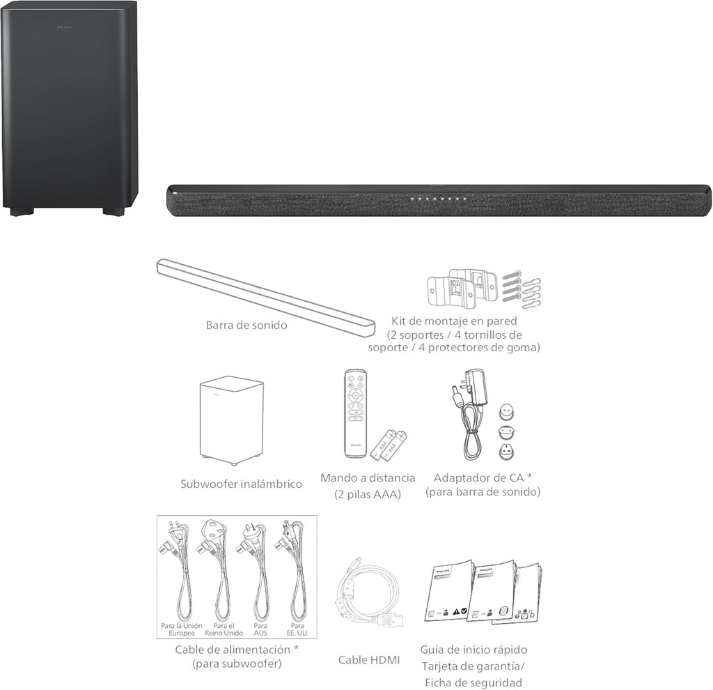 Philips TAB6200 2.1 Channel Soundbar with Wireless Subwoofer - Bluetooth, HDMI eARC, Dolby Atmos, DTS Virtual:X, 240W Max Power, Black - Flex Gamingproduct_type