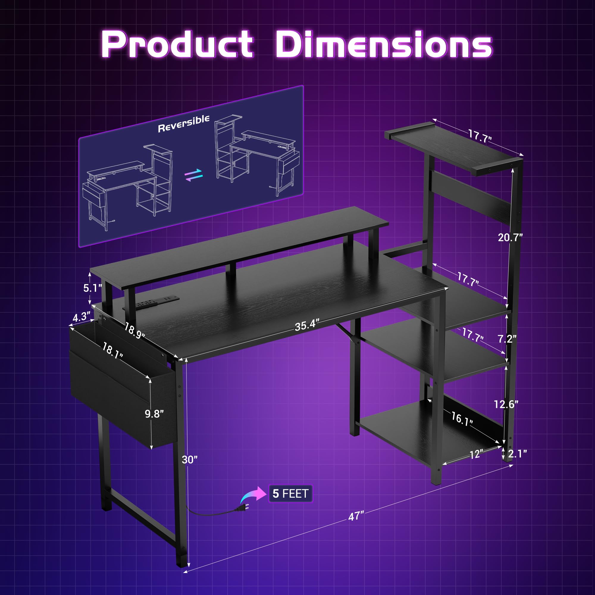 Apicizon 43 Inch Gaming Desk with LED Setup Style, Computer Desk with Storage Shelves & Monitor Stand, Reversible Workstation for Small Space, Home Office Desk Black - Flex Gamingproduct_type