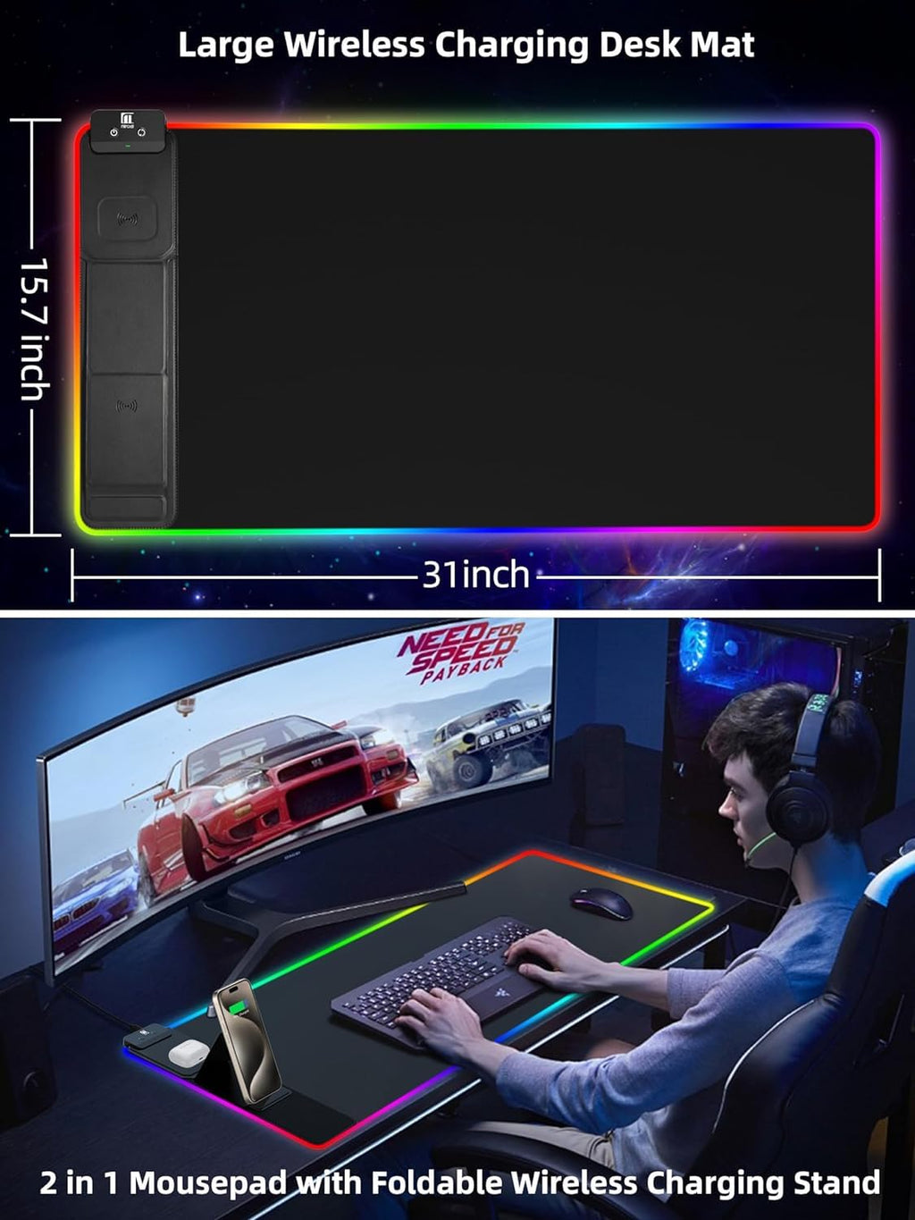 XXL Mouse Pad with Phone Holder - Black, RGB Desk Mat with 15W Fast Charging, LED Gaming Mousepad with 11 Light Colors, Waterproof Non-Slip Pad for Office & Home (Wave) - Flex Gamingproduct_type