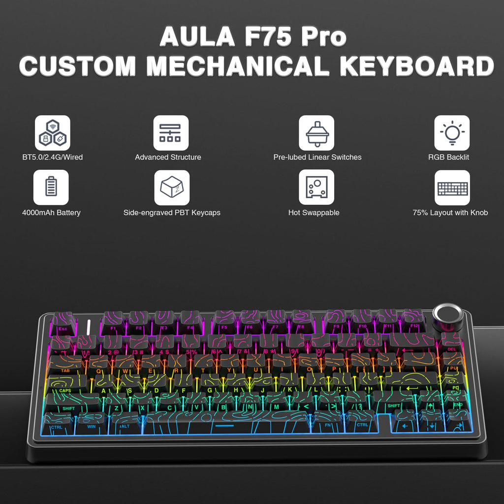 AULA F75 Pro Wireless Mechanical Keyboard,75% Hot Swappable Custom Keyboard with Knob,RGB Backlit,Pre-lubed Reaper Switches,Side Printed PBT Keycaps,2.4GHz/USB-C/BT5.0 Mechanical Gaming Keyboards - Flex Gamingproduct_type