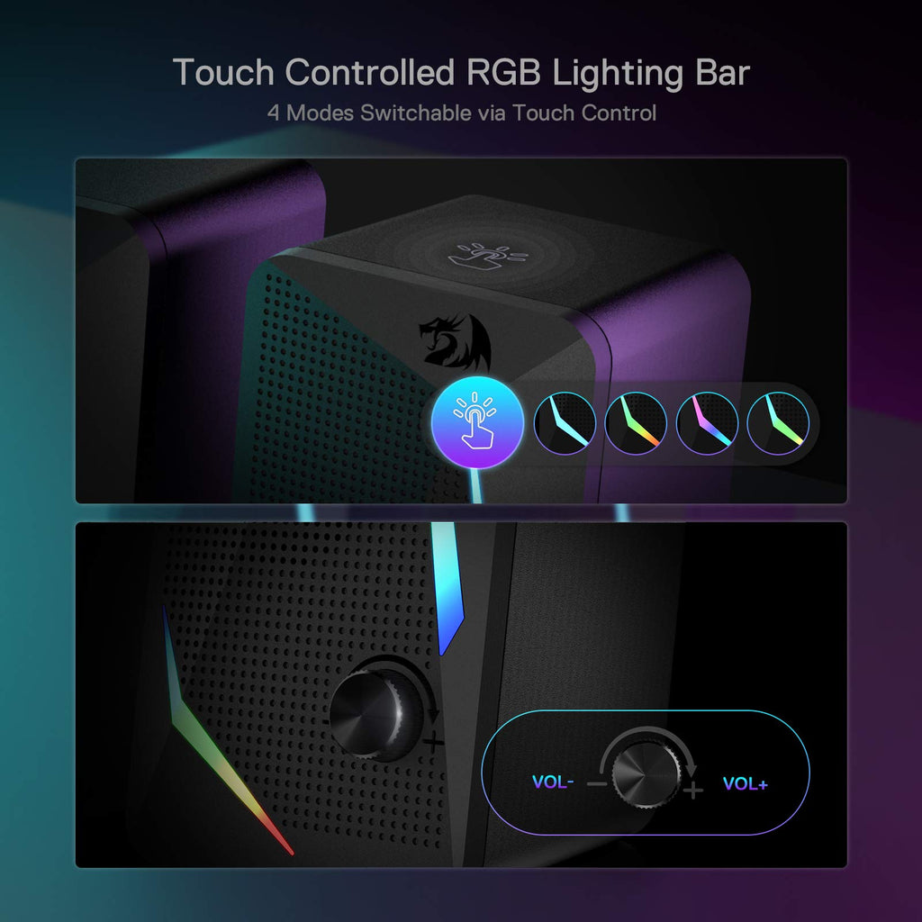 Redragon GS510 RGB Desktop Speakers, 2.0 Channel PC Computer Speaker with 4 Colorful LED Backlight Modes, Enhanced Bass and Easy-Access Volume Control, USB Powered w/ 3.5mm Cable - Flex Gamingproduct_type