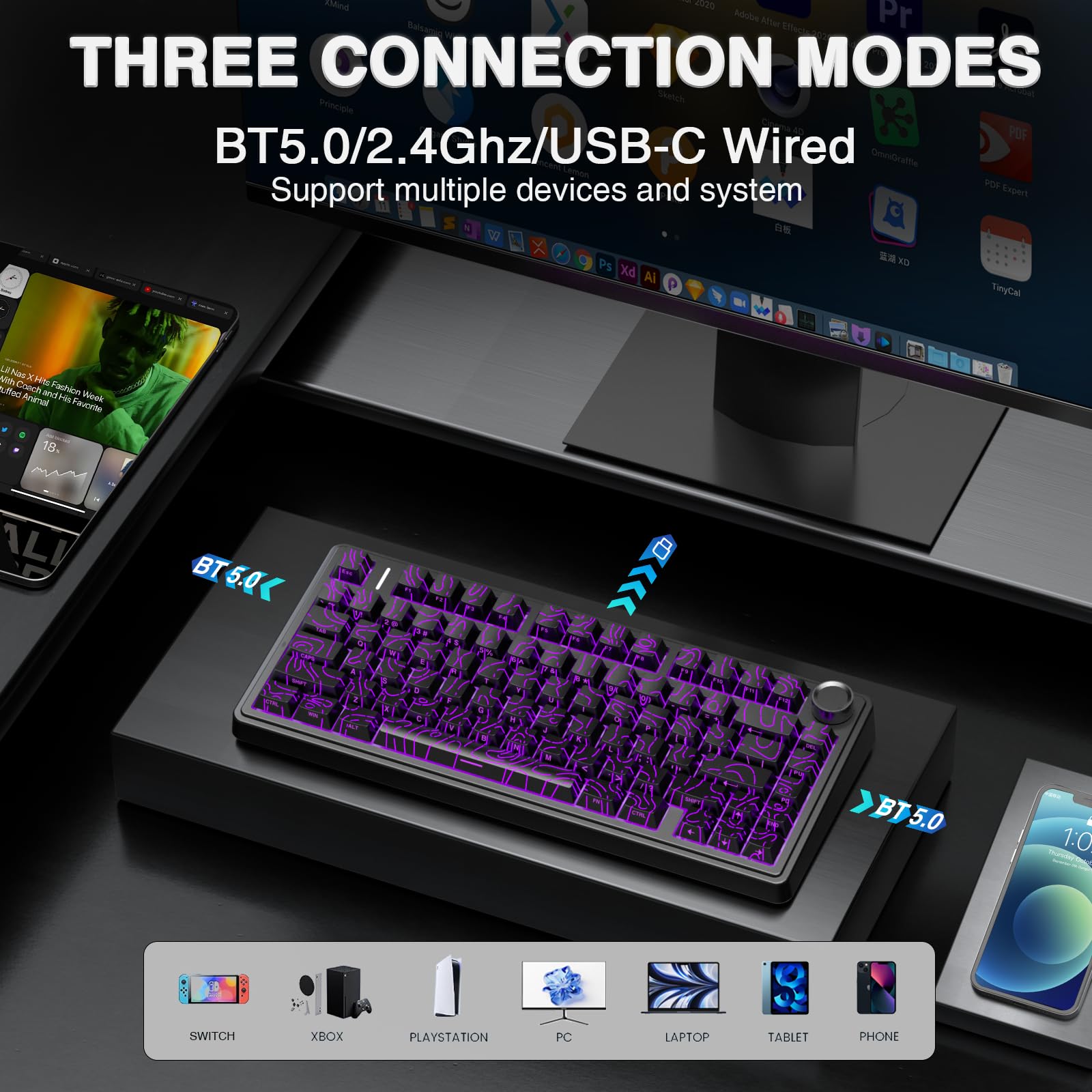 AULA F75 Pro Wireless Mechanical Keyboard,75% Hot Swappable Custom Keyboard with Knob,RGB Backlit,Pre-lubed Reaper Switches,Side Printed PBT Keycaps,2.4GHz/USB-C/BT5.0 Mechanical Gaming Keyboards - Flex Gamingproduct_type
