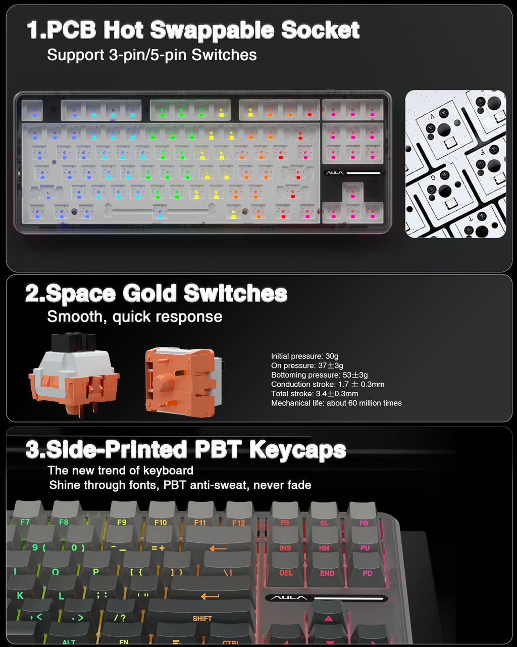 AULA F75 Pro Wireless Mechanical Keyboard,75% Hot Swappable Custom Keyboard with Knob,RGB Backlit,Pre-lubed Reaper Switches,Side Printed PBT Keycaps,2.4GHz/USB-C/BT5.0 Mechanical Gaming Keyboards - Flex Gamingproduct_type