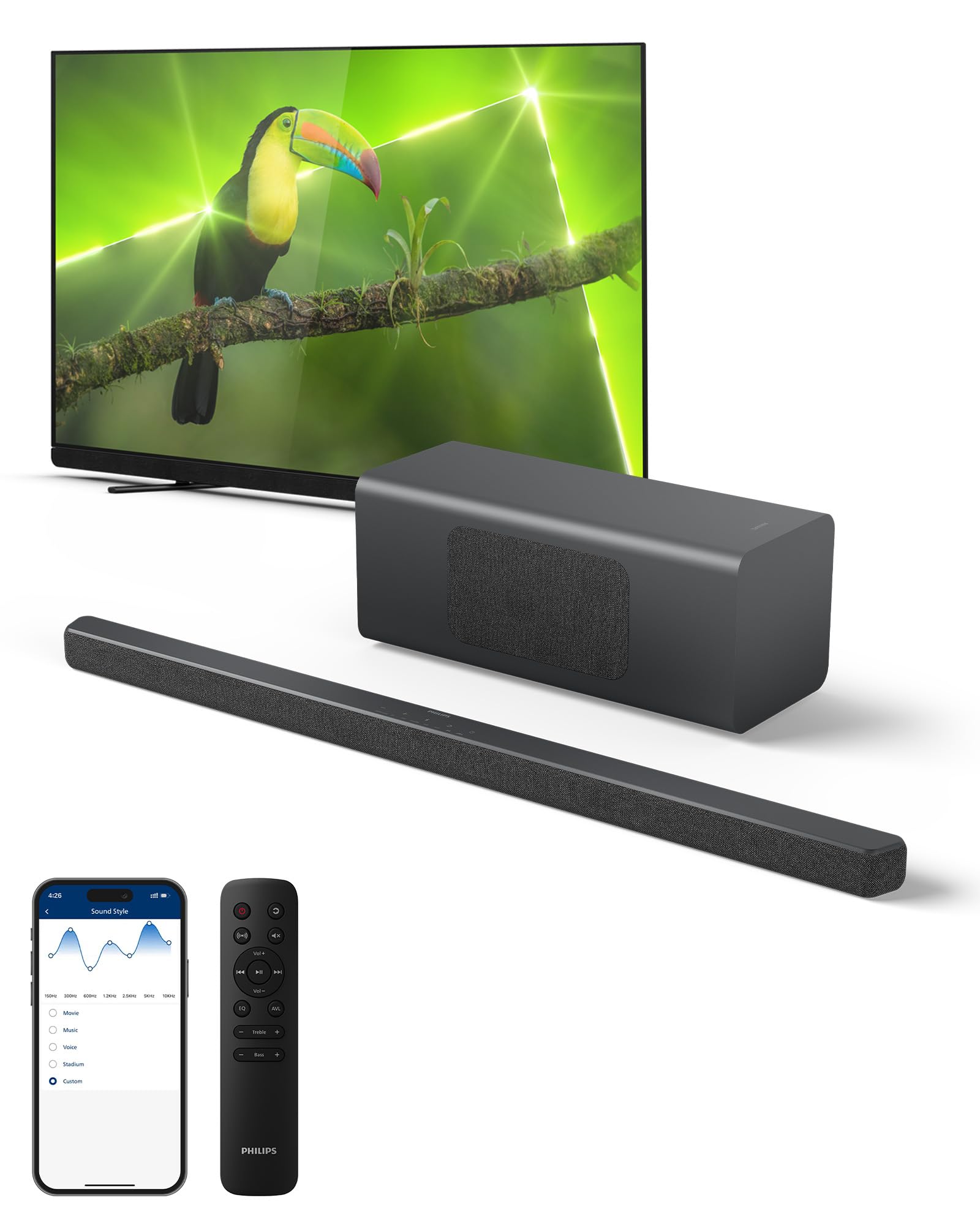 Philips B5309 2.1 Channel Soundbar with Wireless Subwoofer - Bluetooth, HDMI ARC, DTS Virtual:X, 240W Max Power, Dark Grey - Flex Gamingproduct_type