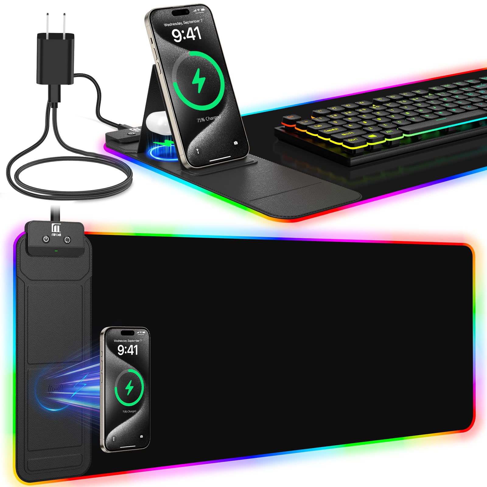 XXL Mouse Pad with Phone Holder - Black, RGB Desk Mat with 15W Fast Charging, LED Gaming Mousepad with 11 Light Colors, Waterproof Non-Slip Pad for Office & Home (Wave) - Flex Gamingproduct_type