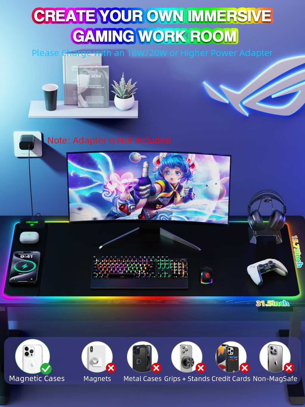 XXL Mouse Pad with Phone Holder - Black, RGB Desk Mat with 15W Fast Charging, LED Gaming Mousepad with 11 Light Colors, Waterproof Non-Slip Pad for Office & Home (Wave) - Flex Gamingproduct_type